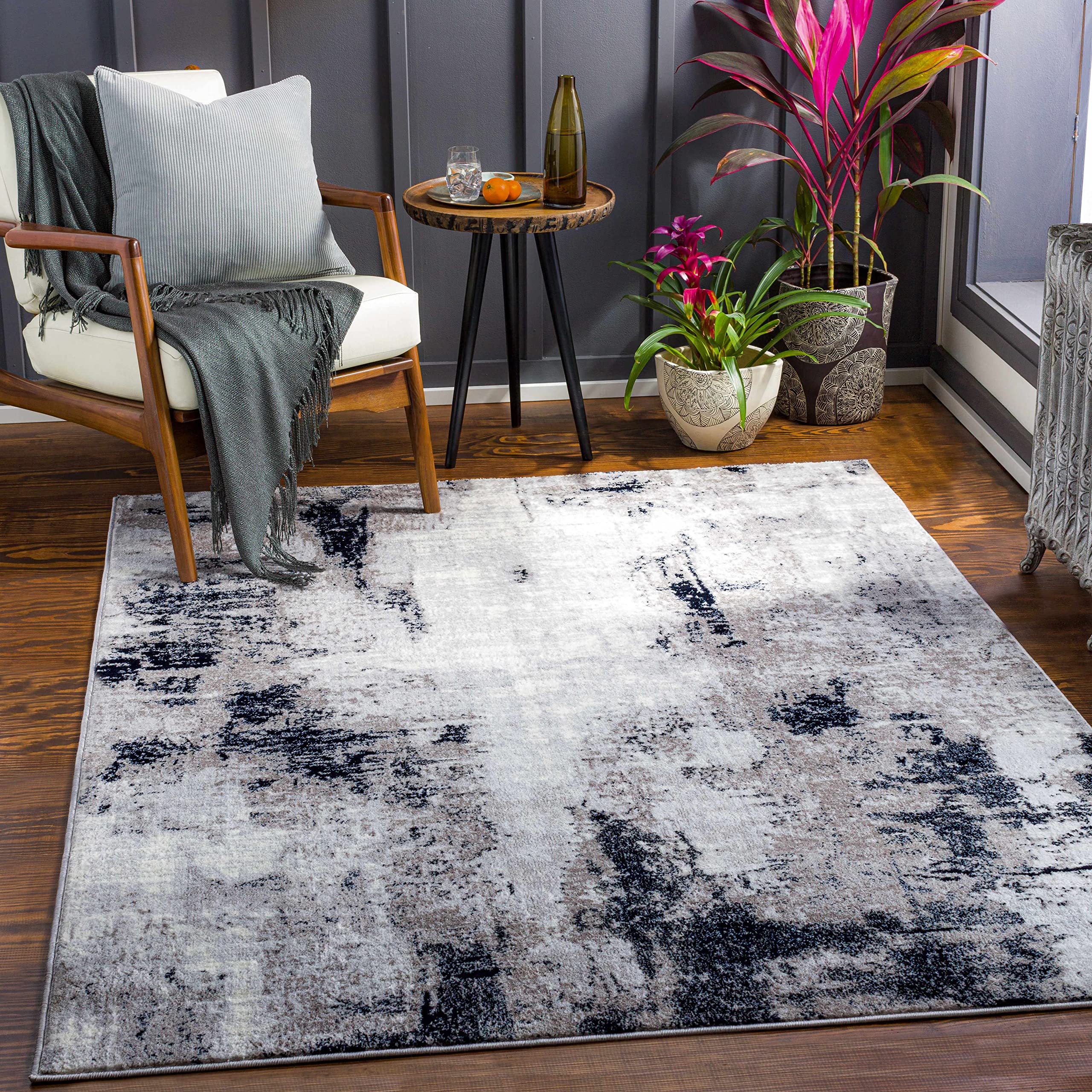Modern Hauteloom Limao Area Rug for Living Room & Bedroom - Silver, Black, Blue - 6'7