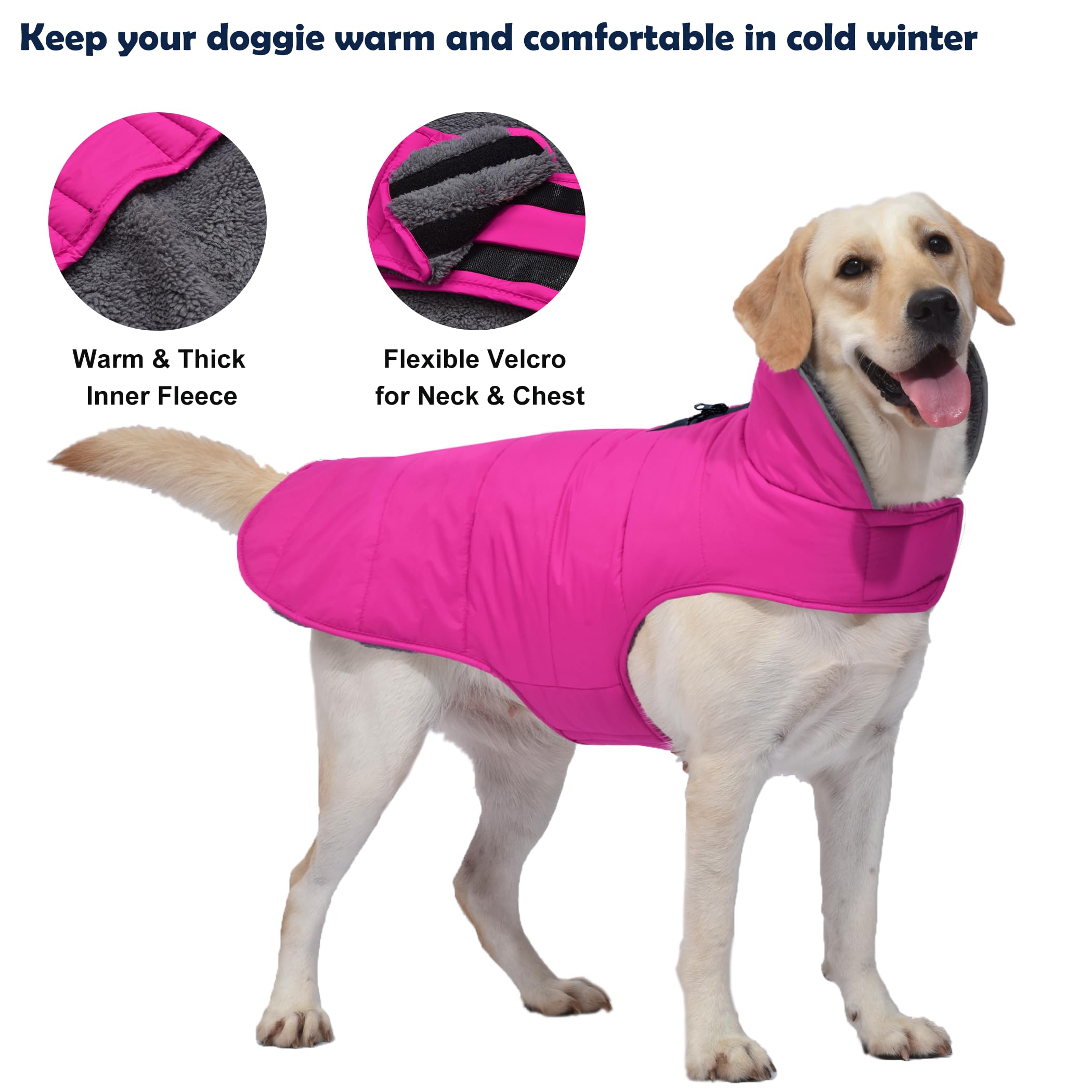 Waterproof Reflective Dog Winter Coat with Leash Hole - Windproof Fleece Snow Jacket for Small, Medium & Large Dogs (Pink, XS) - Perfect for Cold Weather Walks & Outdoor Adventures