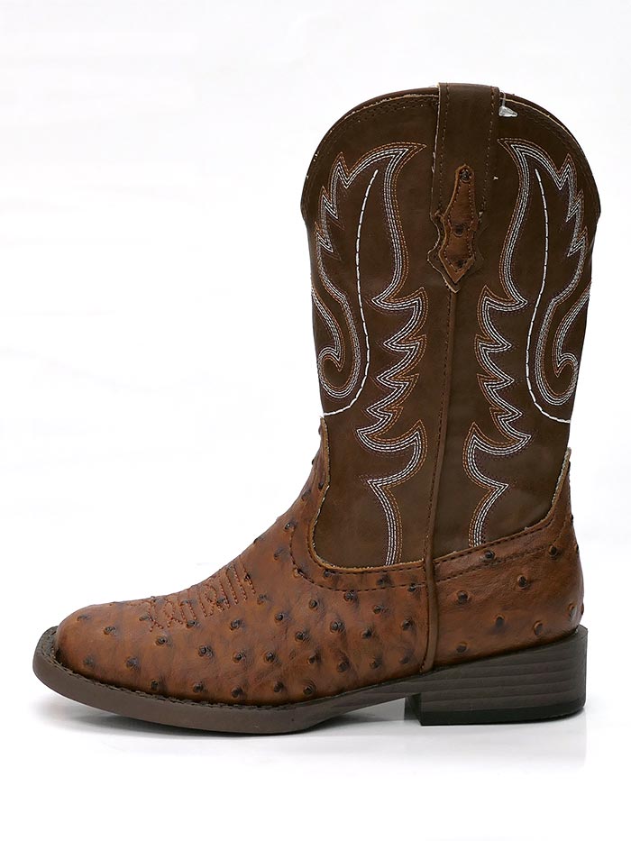 Roper 0807 Kids Western Boots - Tan Ostrich Print Square Toe Cowboy Boots for Boys & Girls | Perfect for Rodeo, Country Dance & Western Fashion