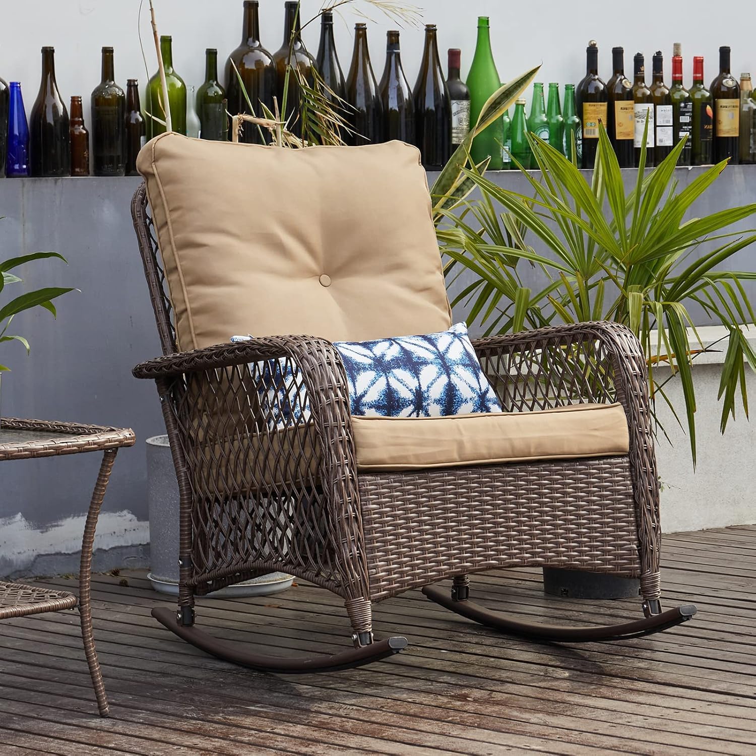 Outdoor Wicker Rocking Chair with Thick Cushions - Patio Furniture Set for Porch, Backyard & Garden - Comfortable Khaki Rocker (1 Pack) - Perfect for Relaxing, Reading & Enjoying Nature