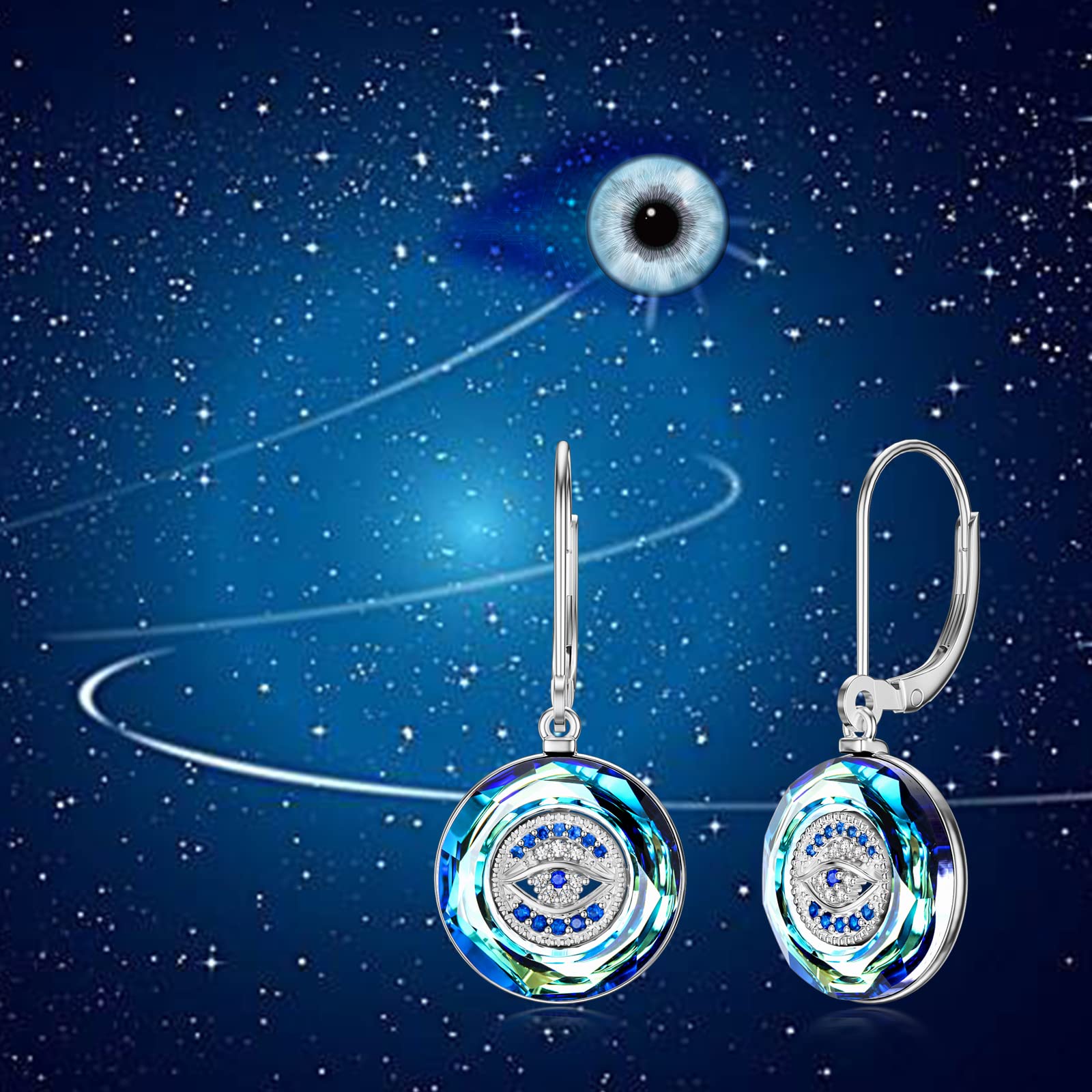 PEIMKO Sterling Silver Evil Eye Leverback Earrings with Crystal - Round Good Luck Protection Jewelry for Women - Perfect for Everyday Wear, Gift Giving & Spiritual Protection