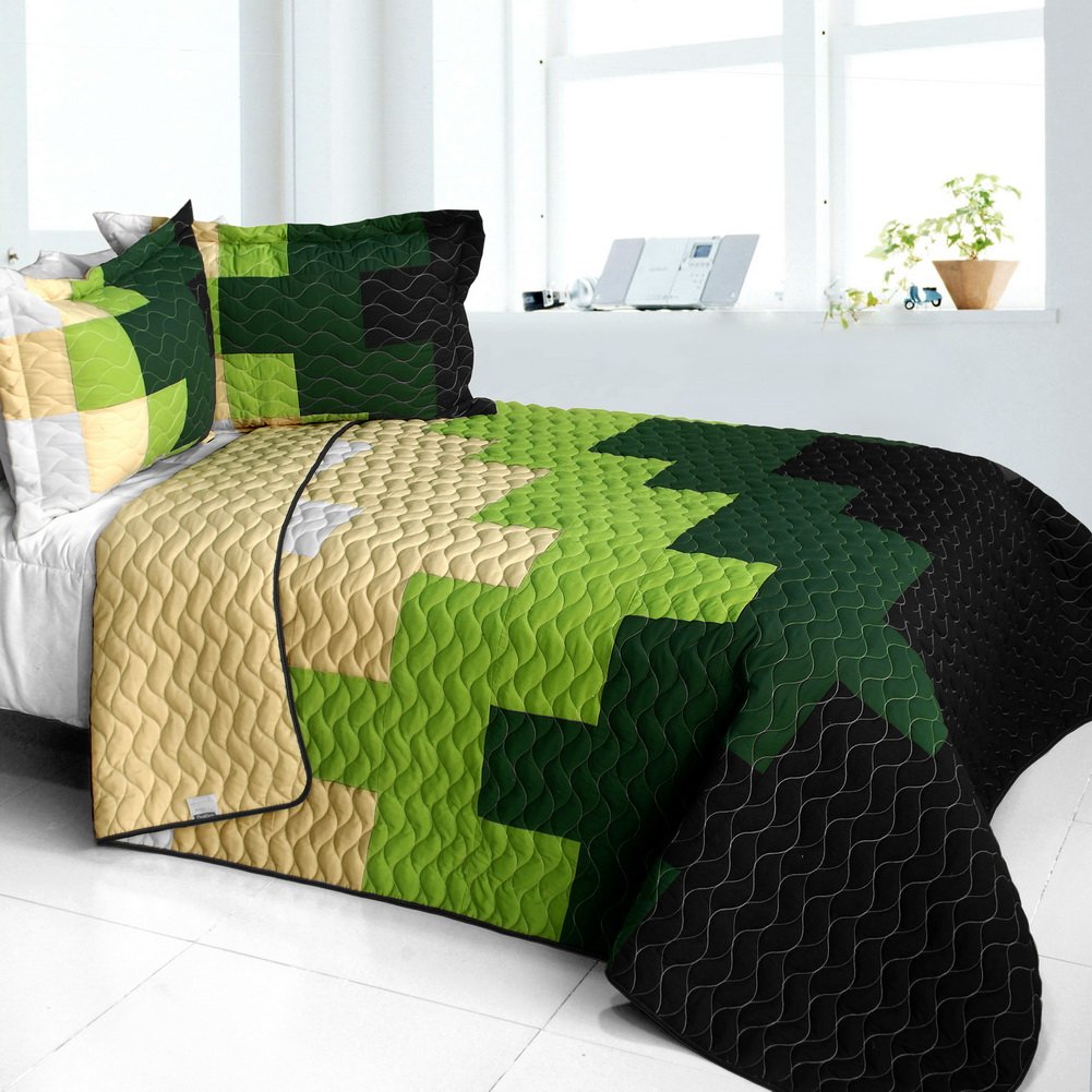 Evergreen Tree Vermicelli-Quilted Patchwork Quilt Set - Full/Queen Size Bedding for Cozy Home Decor & Comfortable Sleep