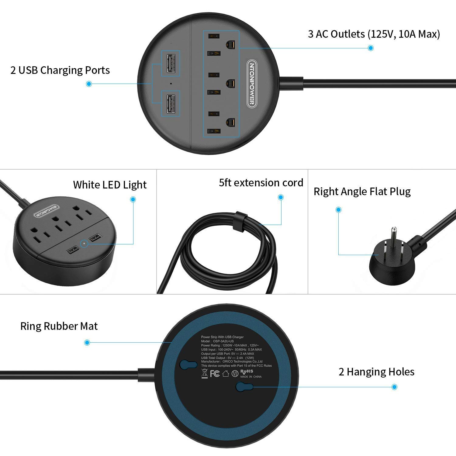 NTONPOWER Desktop Power Strip with USB Ports, 6-Outlet Tower Power Strip & Extension Cord - Essential for Home Office, Dorm Room, Gaming Setup & Workspace Organization (Black)
