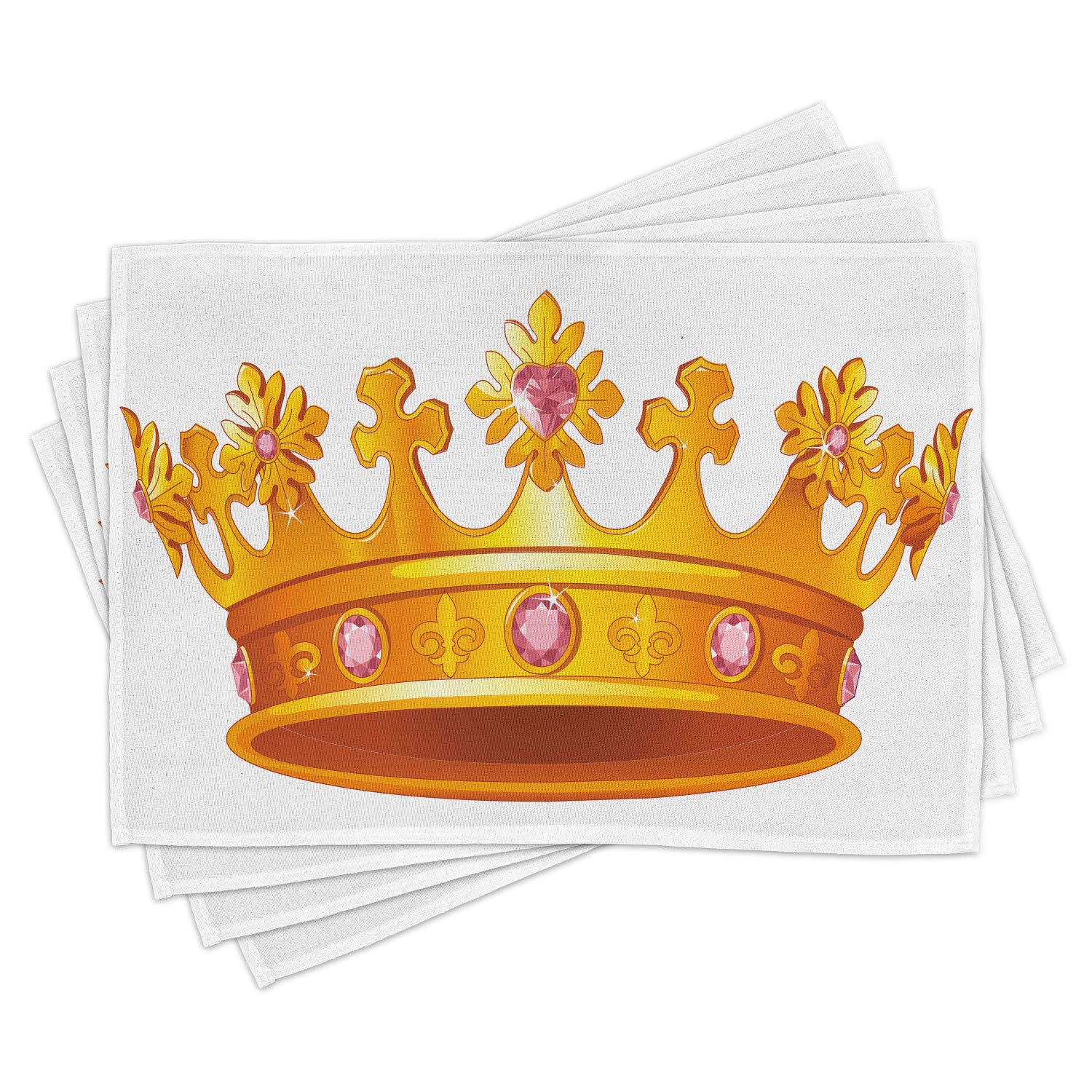 Ambesonne Queen Placemats Set of 4 - Vintage Crown with Pale Pink Gemstone Tiara Design, Washable Fabric Table Mats for Dining Room & Kitchen Decor in Orange & Rose | Elegant Table Setting for Dinner Parties, Tea Time & Royal-Themed Events