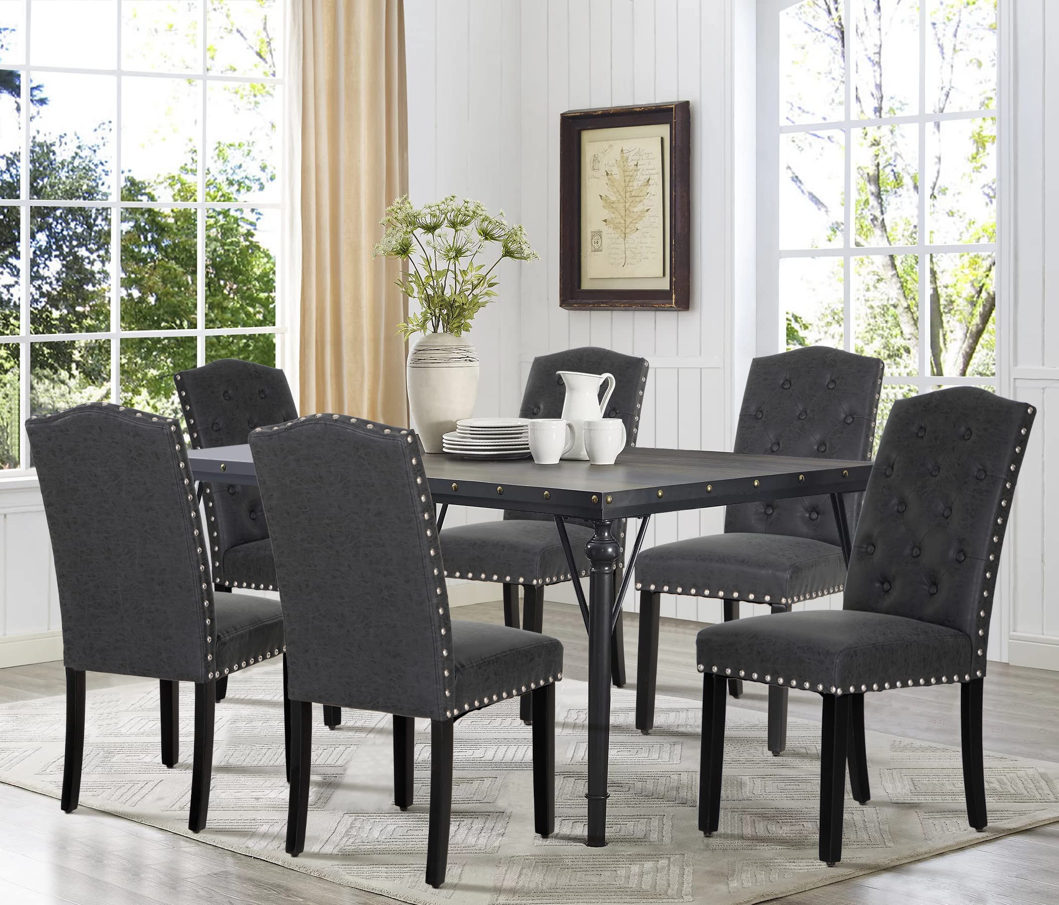 Premium Faux Leather Dining Chairs Set of 6 - Modern Upholstered Tufted Kitchen Chairs with Nailhead Trim & Solid Wood Legs - Elegant Parsons Chairs for Dining Room, Restaurant or Home Decor (Black)