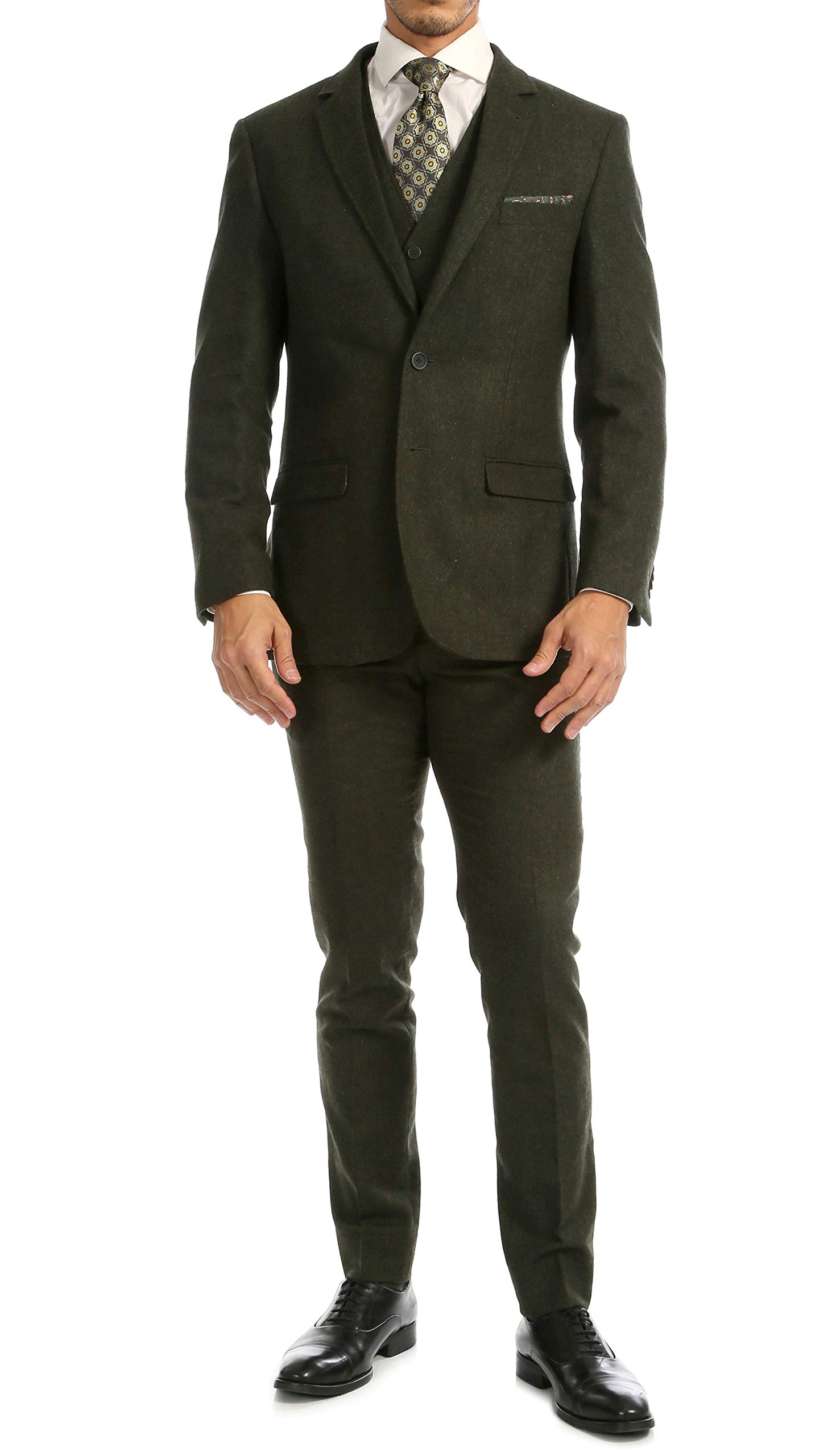 Ferrecci Men's 3-Piece Slim Fit Suit - Vintage Tweed Heritage Vest Set | Formal Business Attire for Weddings, Office & Special Occasions