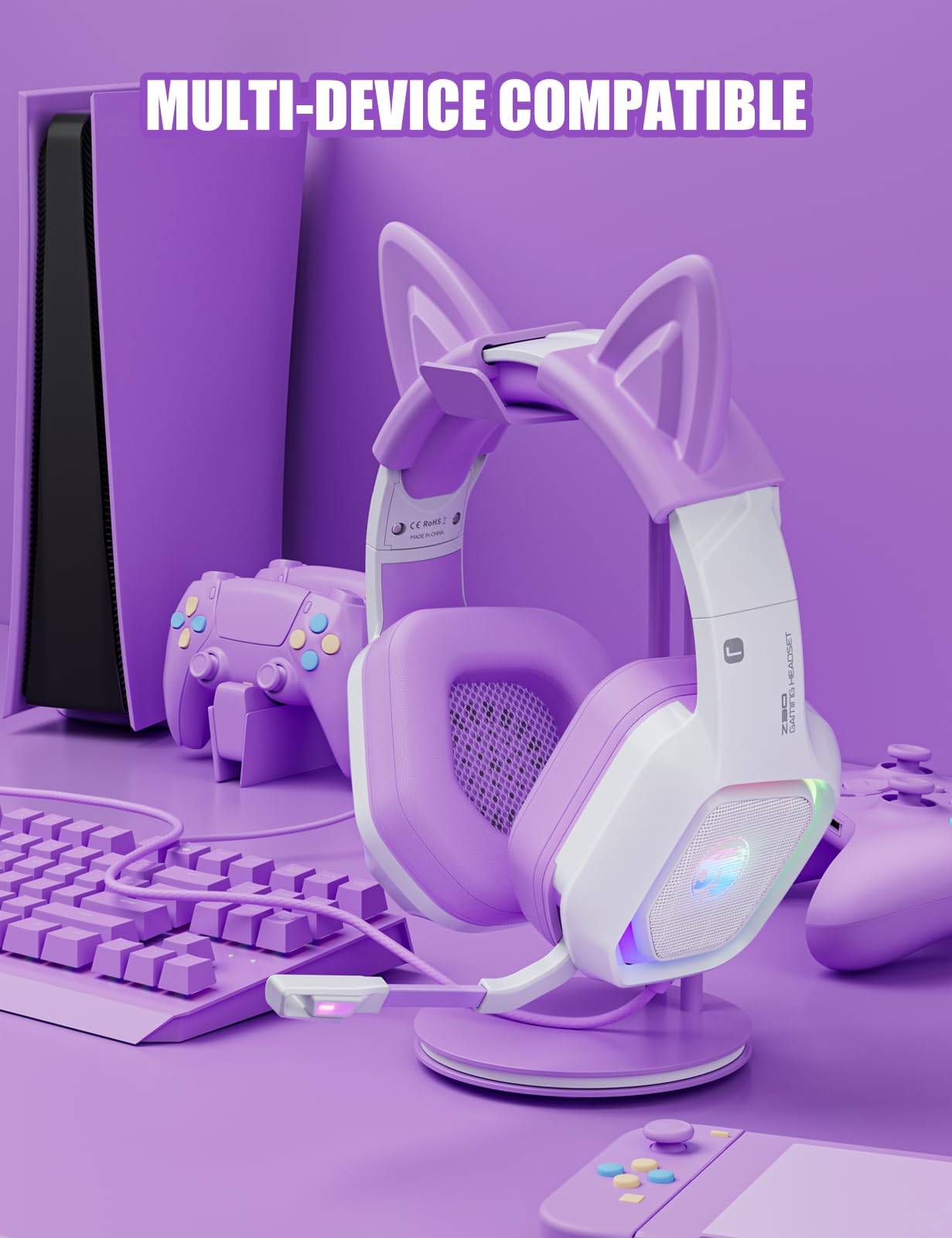 ZIUMIER Purple Gaming Headset with Microphone - Noise Canceling Over-Ear Headphones with Detachable Cat Ears, RGB Lights & Stereo Surround Sound for PS4, PS5, Xbox One, PC & Laptop - Perfect for Gaming, Streaming & Online Classes