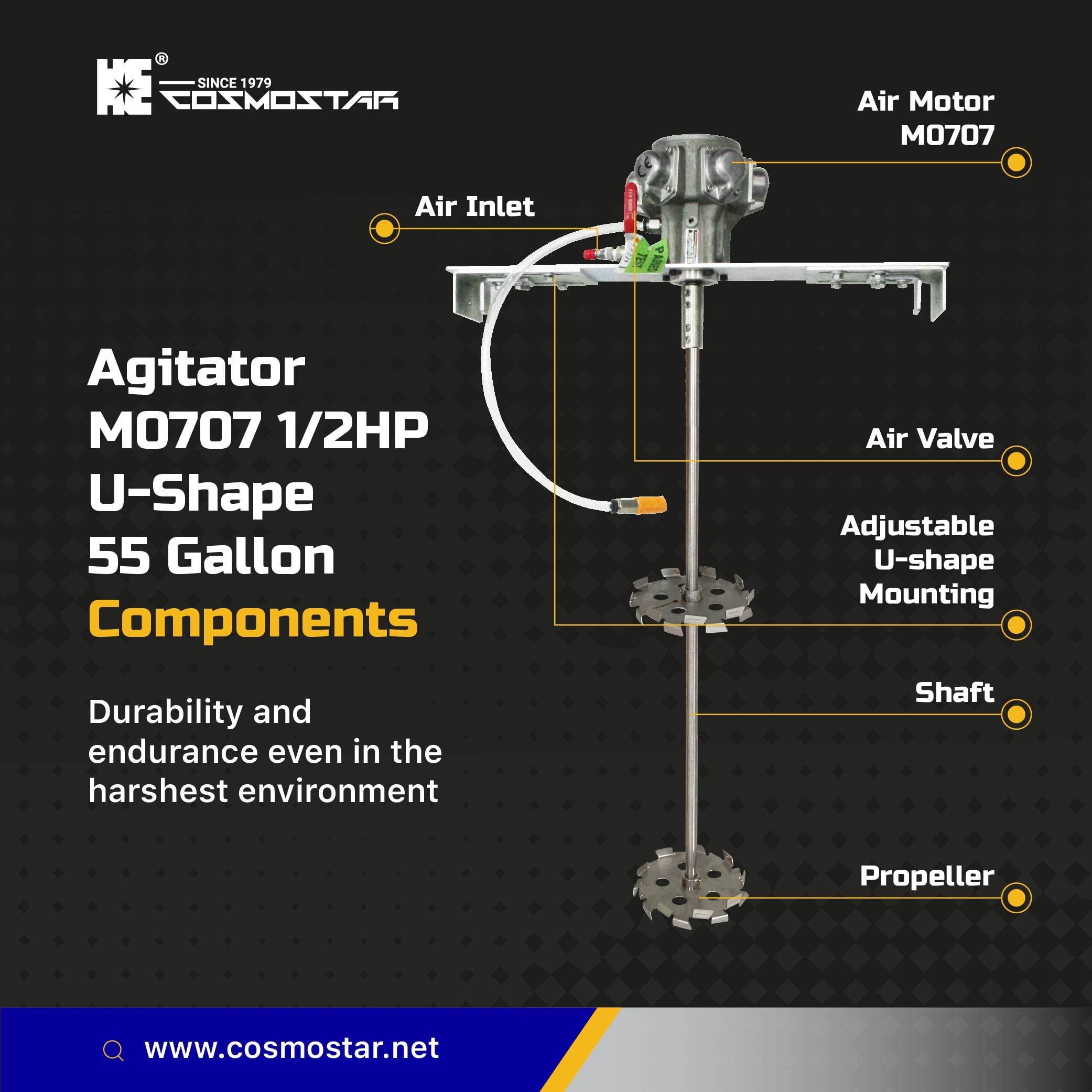 COSMOSTAR 1/2HP 55 Gallon Pneumatic Paint Mixer - Adjustable Drum Bucket Agitator with Air-Powered Bracket for Industrial Paint Stirring | Perfect for Paint Shops, Auto Body Repair & Large-Scale Painting Projects