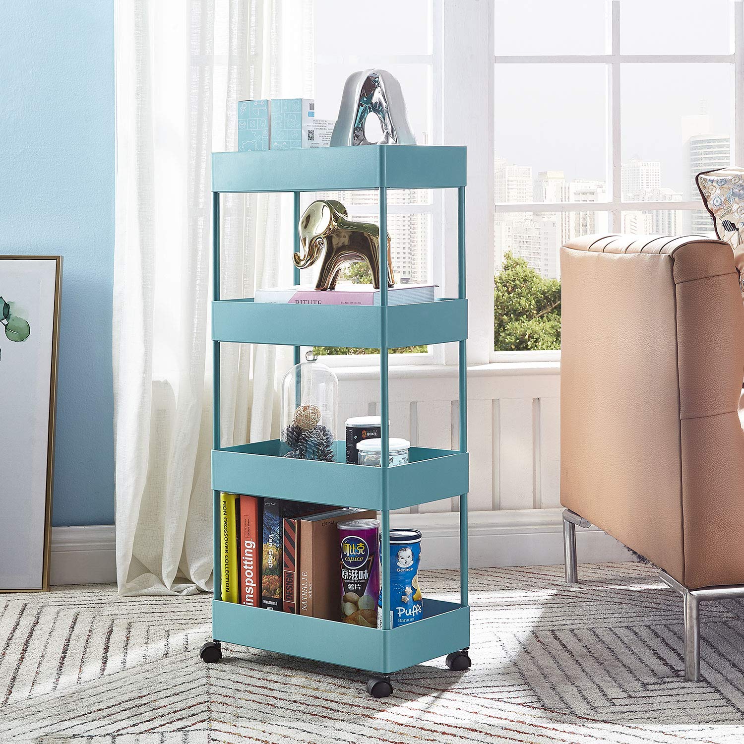 4-Tier Rolling Storage Cart with Slide-Out Shelves - Slim Mobile Organizer Utility Cart for Kitchen, Bathroom, Office - ABS Plastic Shelving Unit for Crafts, Supplies & Home Organization (Blue) - Perfect for Small Spaces & Clutter-Free Storage