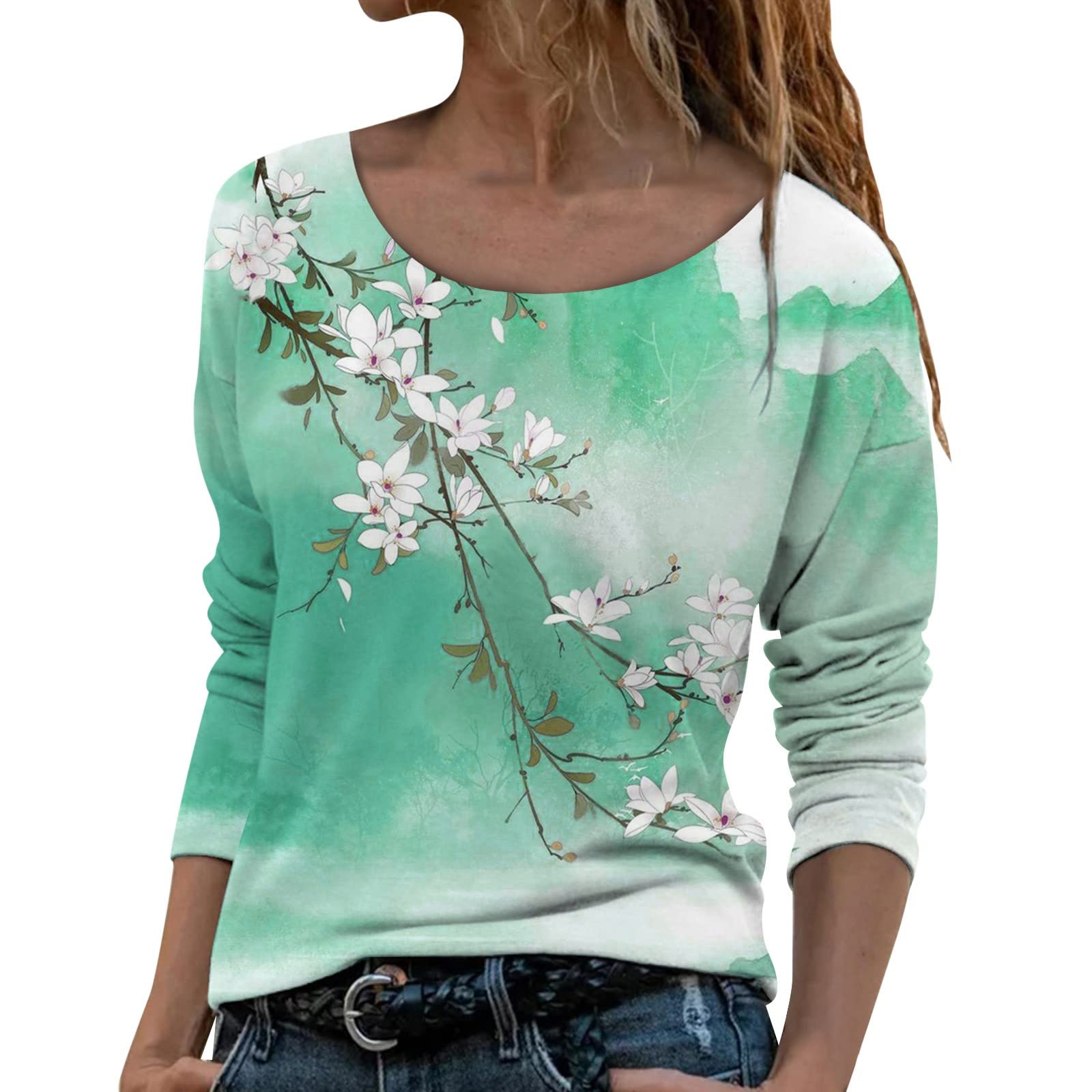 Smileyth Women's Printed Floral Feather Dress - Long Sleeve O-Neck Casual T-Shirt Top with Scenery Painting Design - Plus Size XXL in Green | Perfect for Spring Outings, Office Wear & Casual Dates