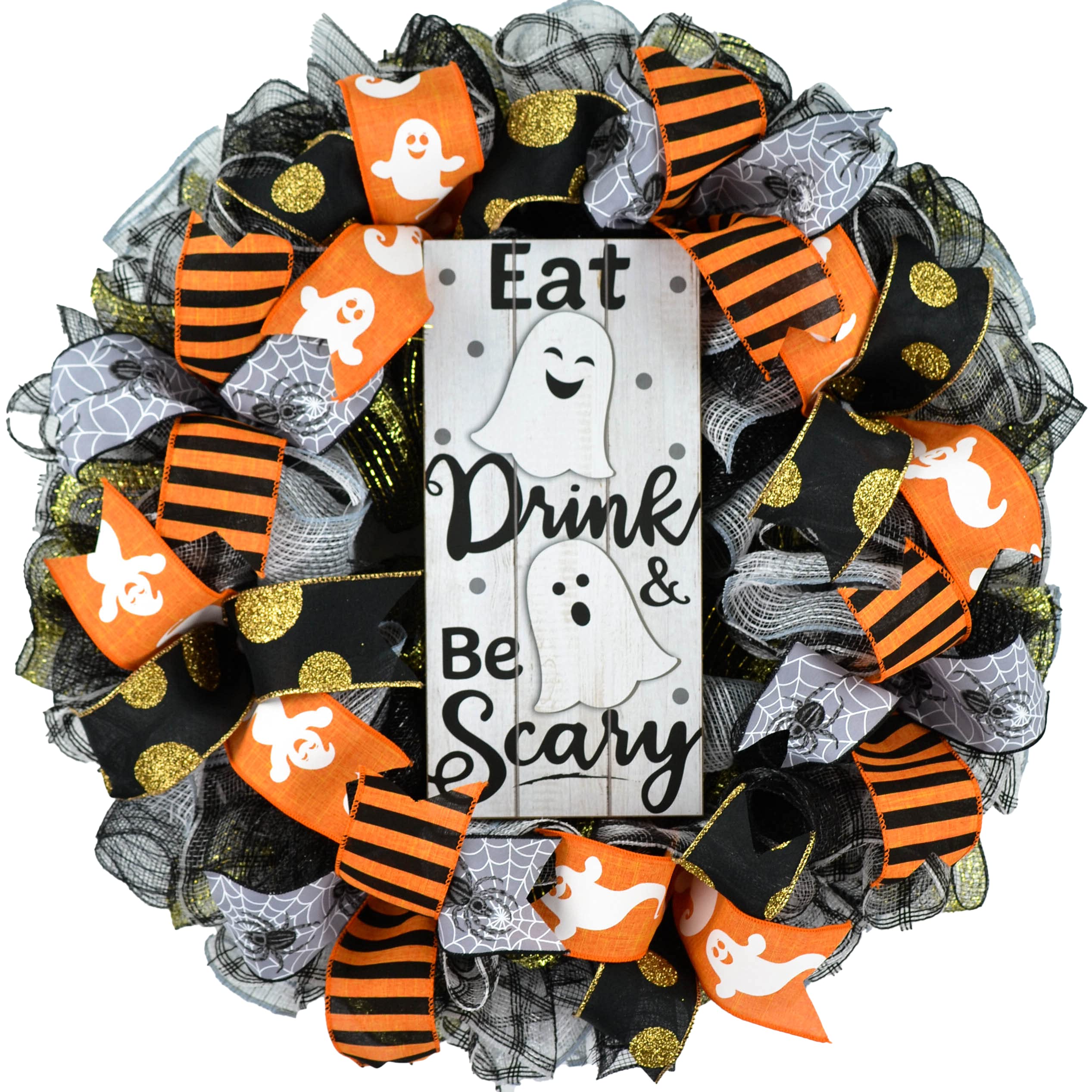 Spooky Halloween Mesh Wreath for Front Door - Black, White, Gold & Orange Ghost Decor | Perfect for Halloween Party Decorations & Haunted House Themes