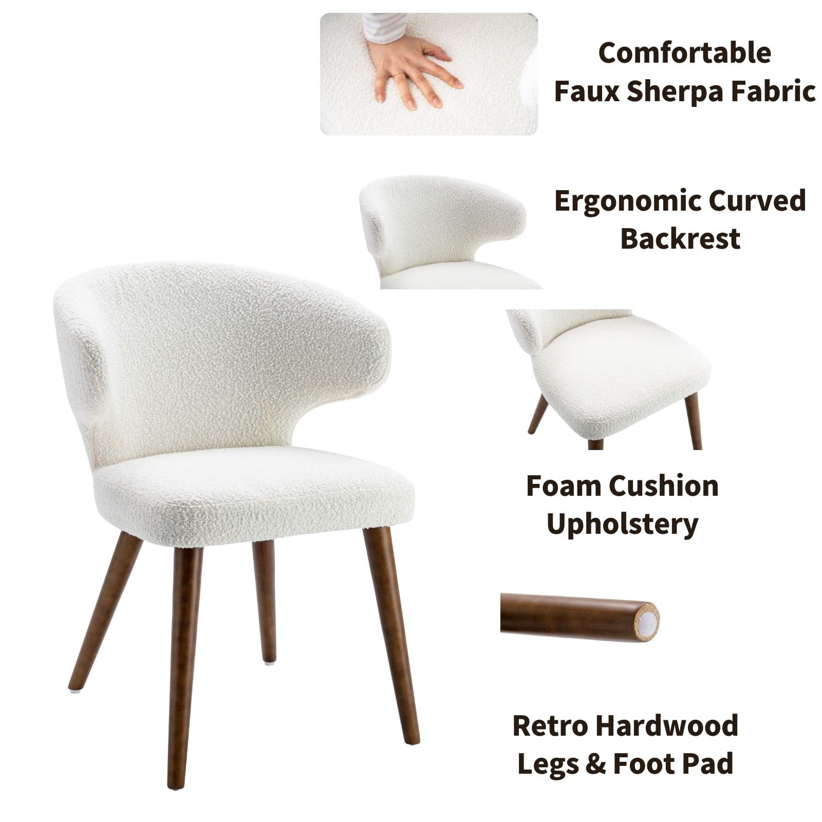 Mid Century Modern Sherpa Boucle Dining Chairs Set of 2 - Upholstered Curved Wingback Accent Arm Chairs with Solid Wood Legs in White | Perfect for Dining Room, Living Room & Home Office Decor