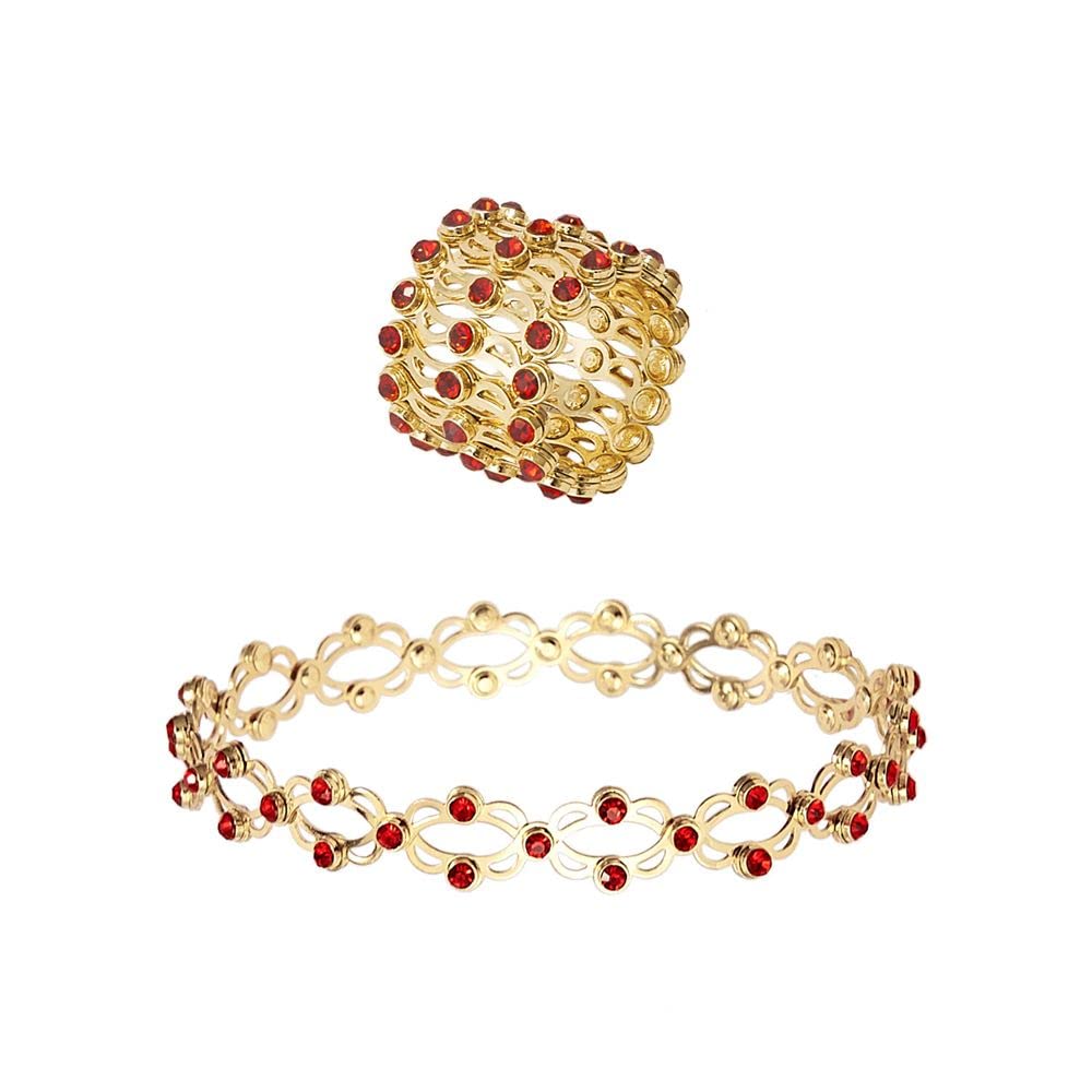 HOUGE Magic 3-in-1 Folding Retractable Ring Bracelet - Adjustable Stainless Steel Jewelry Set for Women (Gold Red Rhinestone) | DIY Necklace Gift for Her, Perfect for Parties, Dating & Special Occasions