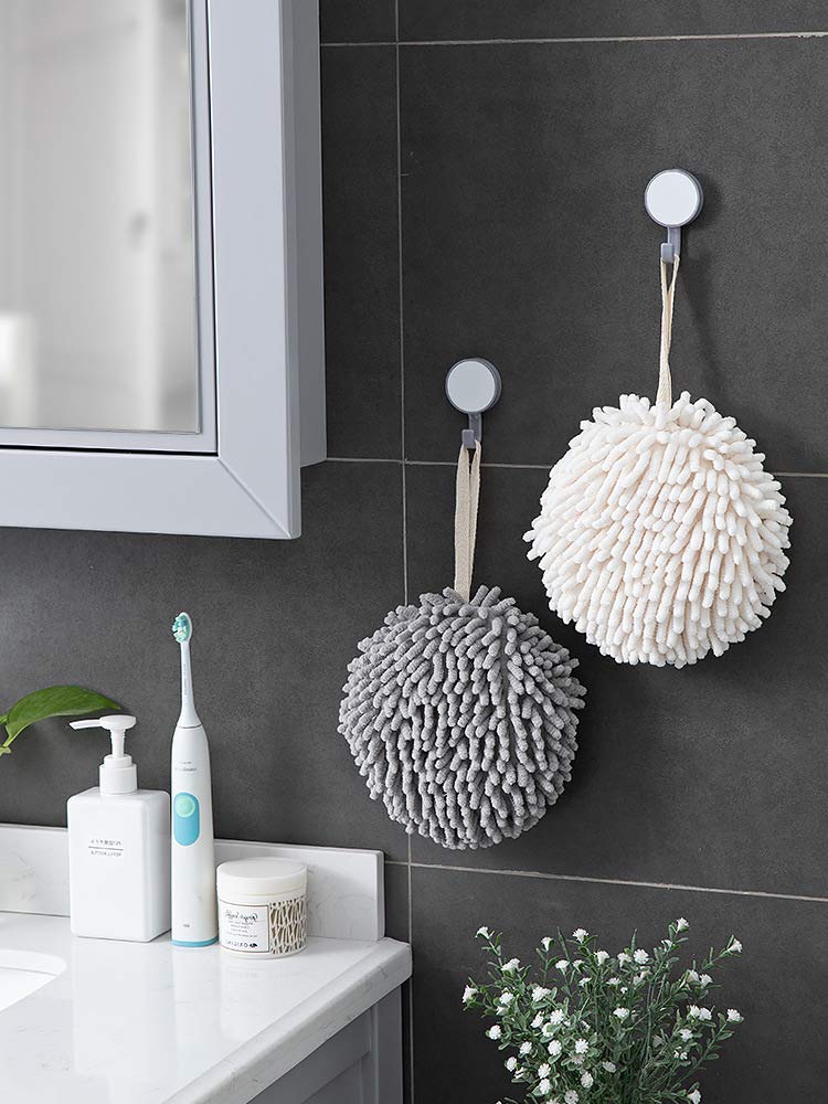 Sophie & Panda Soft Fuzzy Ball Hand Towels Set of 2 - Super Absorbent White & Gray Bathroom Towels for Quick Drying | Decorative Guest Towels for Powder Room, Kitchen & Spa Use