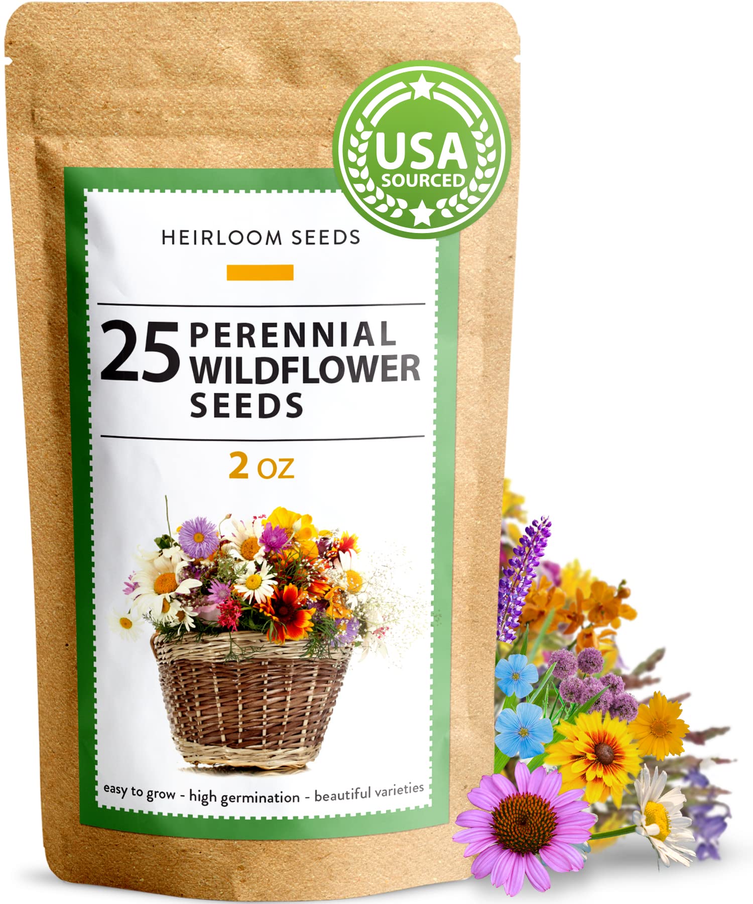 44,000+ Perennial Wildflower Seeds Mix - 2oz Non-GMO Flower Garden Seeds for Birds & Butterflies - 25 Variety Wildflowers for Outdoor Planting | Attract Pollinators to Your Backyard, Meadow or Cottage Garden