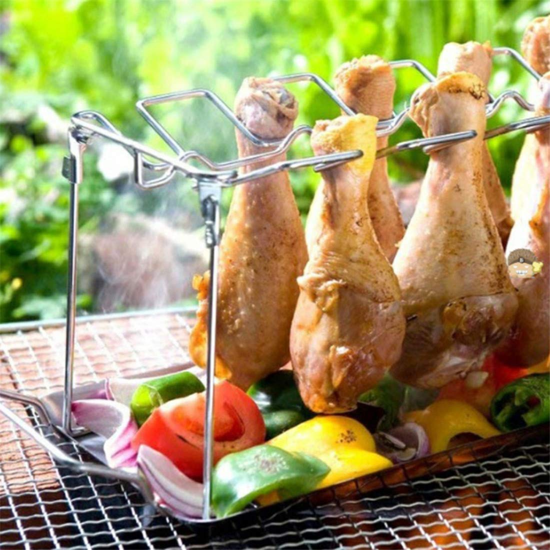 Stainless Steel Foldable Chicken Leg Wing Grill Rack - 12 Slots BBQ Drumstick Roaster Stand with Drip Pan for Smoker, Grill or Oven | Perfect for Backyard BBQ, Camping & Outdoor Cooking