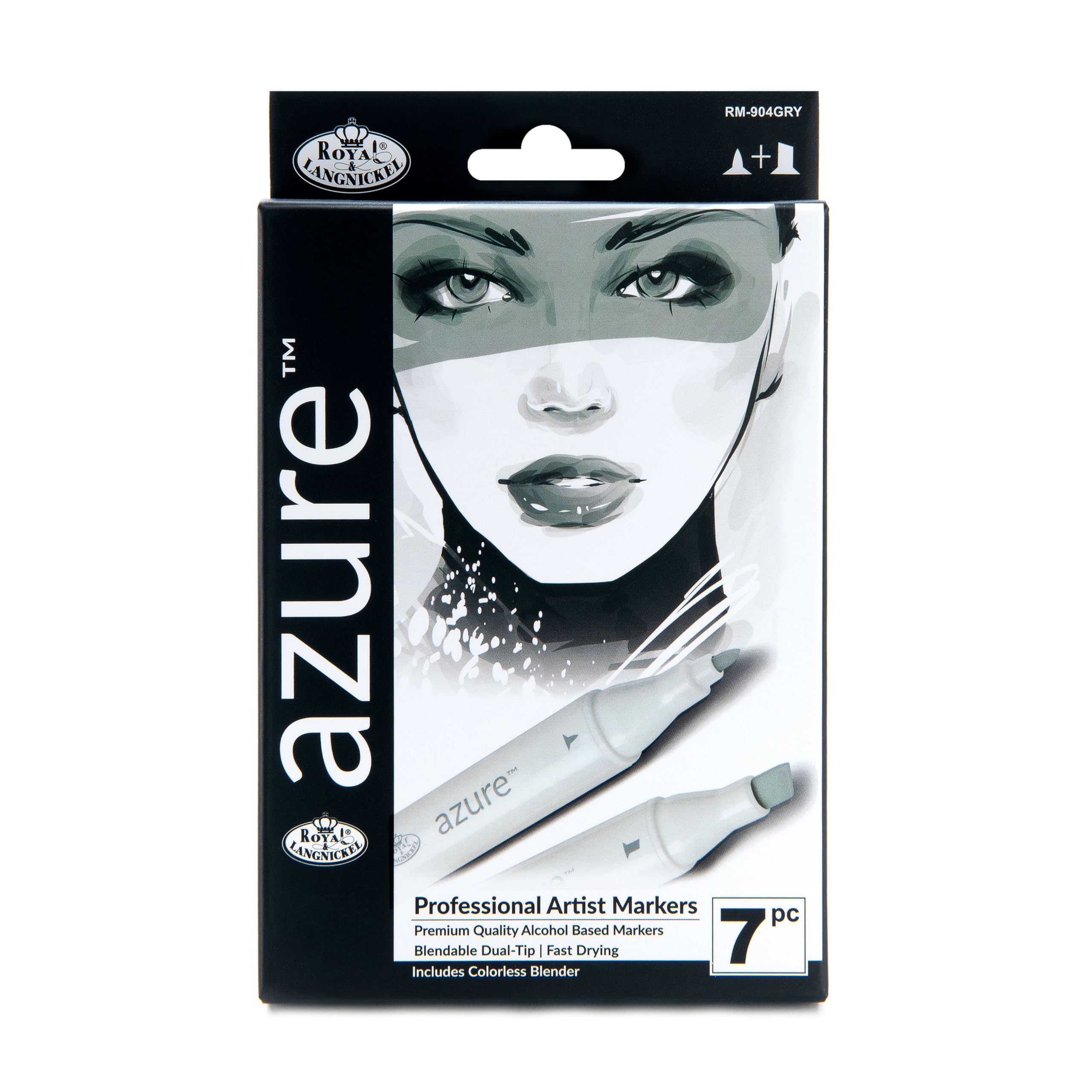 Royal & Langnickel Azure 7-Piece Dual-Tip Alcohol-Based Marker Set - 6 Markers & 1 Blender, Grayscale Colors for Artists, Sketching, Illustration & Adult Coloring Books