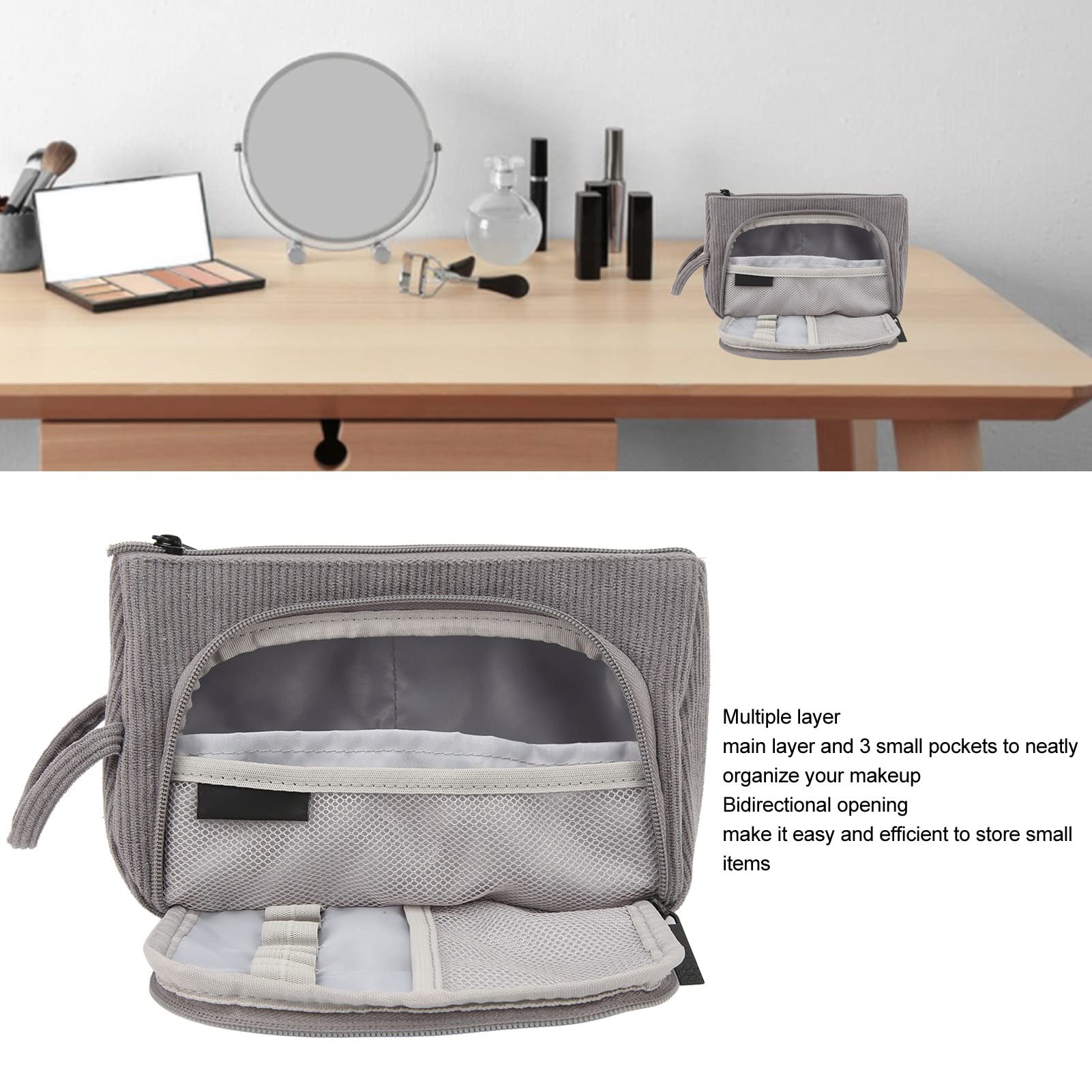 Travel Makeup Bag with Bidirectional Zipper - Waterproof Cosmetic Organizer for Women, Grey Makeup Pouch with Exquisite Lining - Perfect for Travel, Gym, and Daily Use