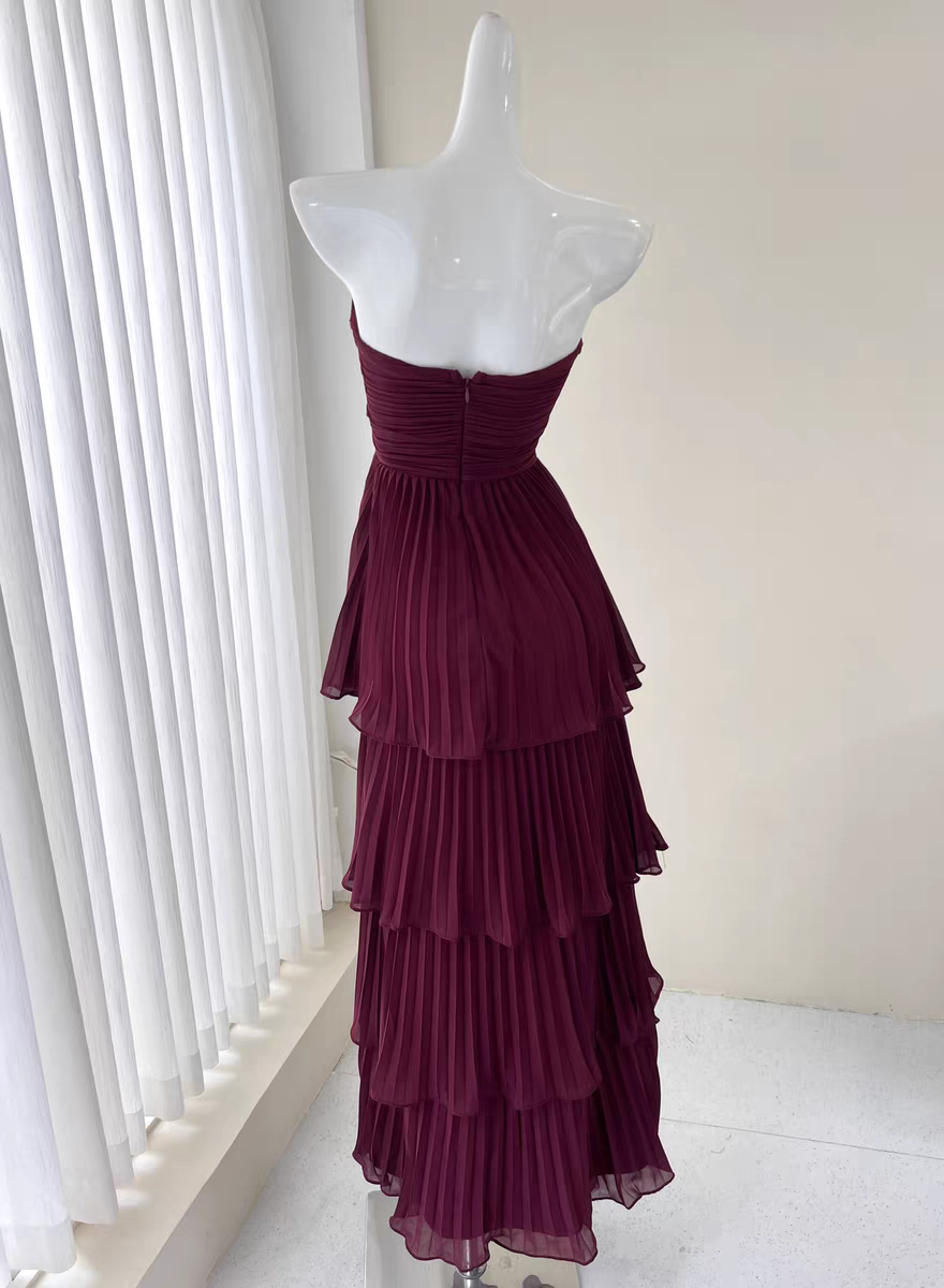Elegant Burgundy Strapless Chiffon Pleated Tiered Long Evening Dress for Prom, Wedding & Formal Events - Style J6734