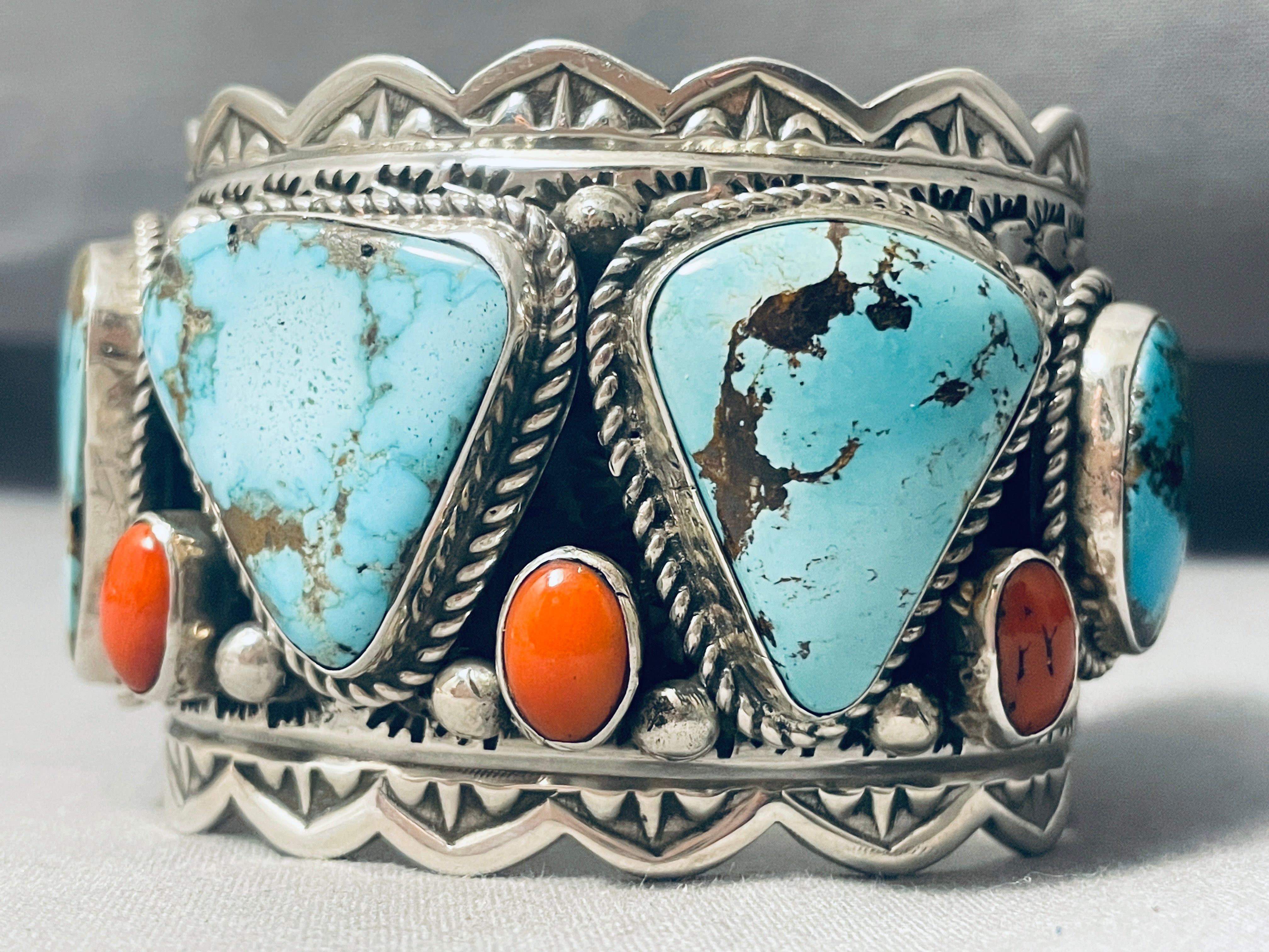 171g Native American Navajo Turquoise Coral Sterling Silver Bracelet for Men - Handcrafted Southwest Jewelry for Gifts, Weddings & Spiritual Healing