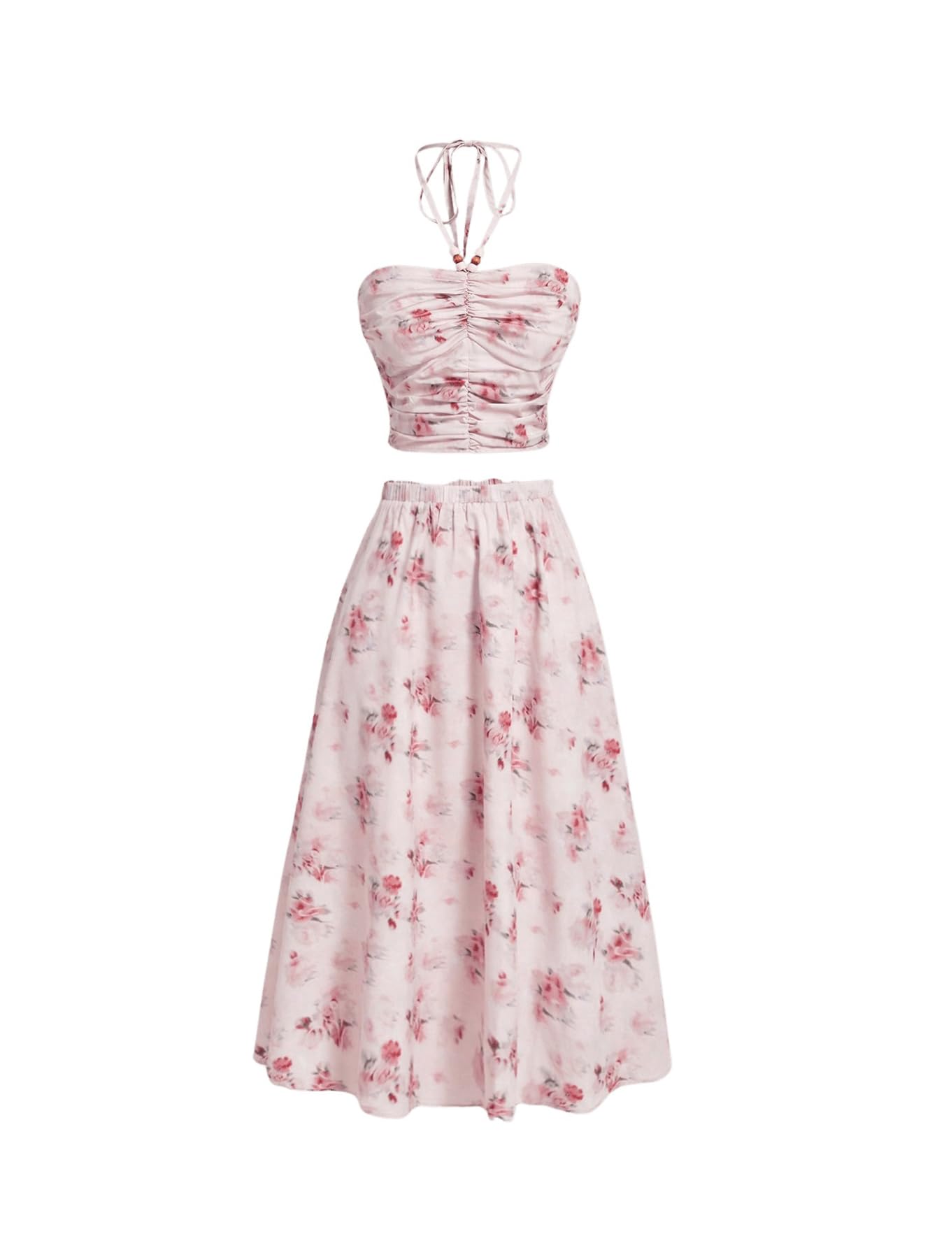 Women's Floral Print 2 Piece Outfit - Sleeveless Pleated Halter Crop Top & Maxi Skirt Set | Summer Beachwear, Vacation Outfits, Boho Chic Fashion