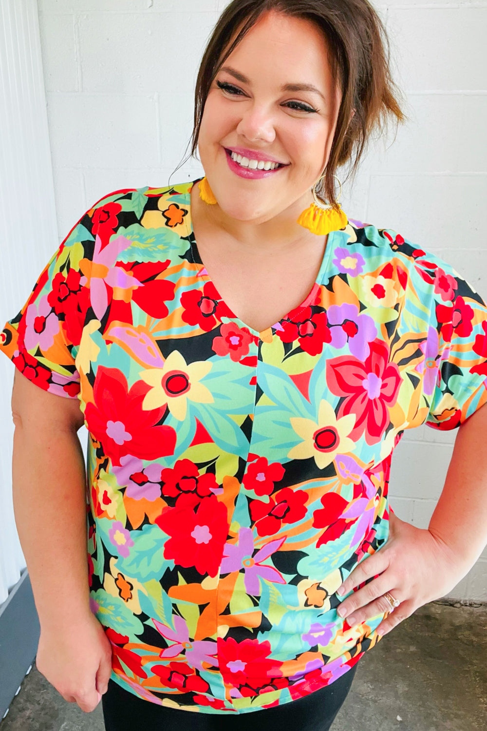 Stylish Multicolor Tropical Floral Print V-Neck Drop Shoulder Blouse for Women | Summer Beach Vacation & Boho Outfit Essential