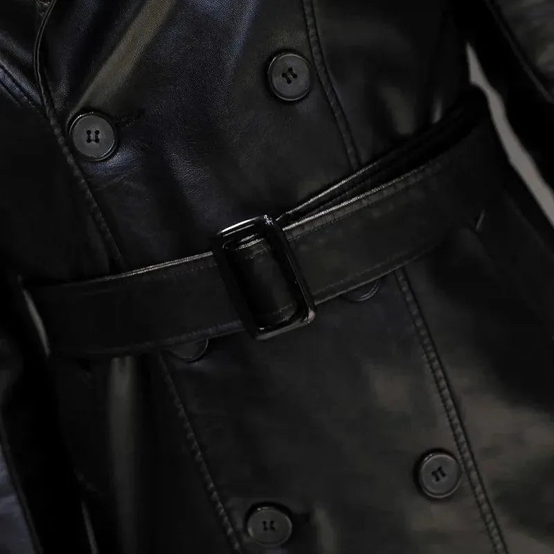 Premium Men's Genuine Leather Trench Coat - Classic Long Waterproof Windbreaker for Business, Dating & Outdoor Activities