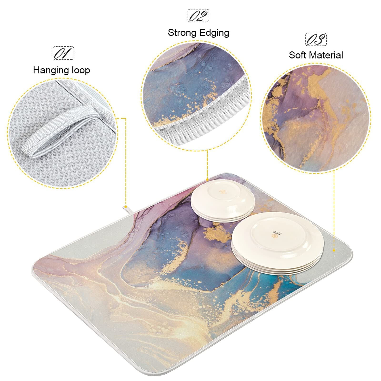 Marble Dish Drying Mat 16x18 Inch - Absorbent Kitchen Counter Mat for Dishes & Utensils