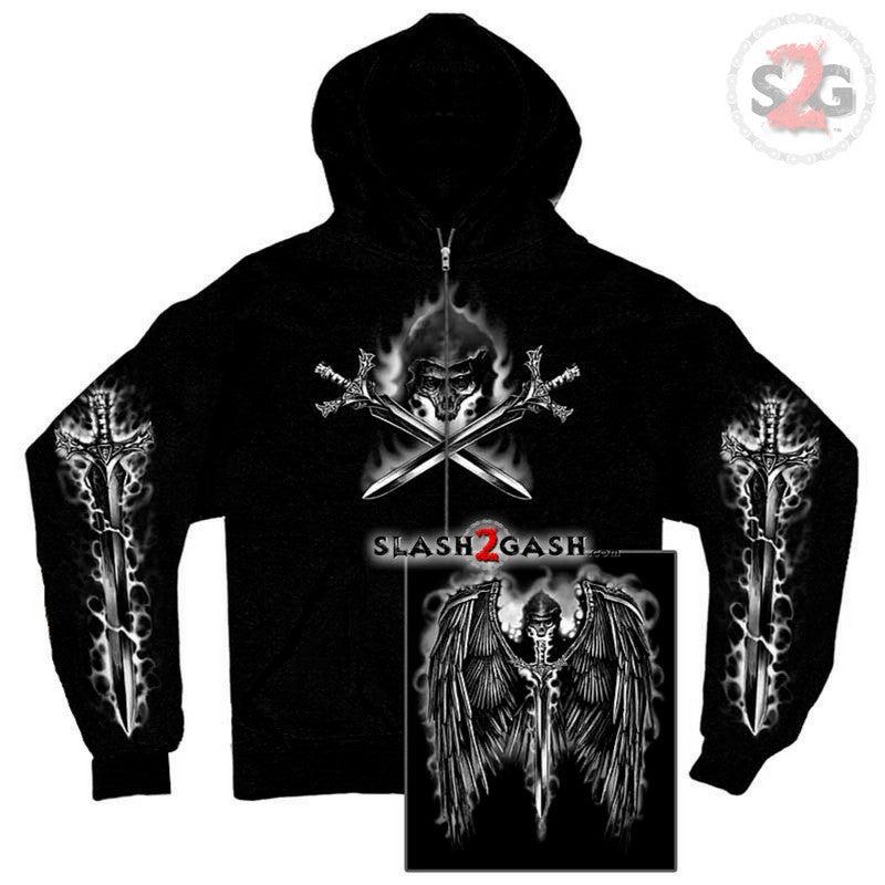 Hot Leathers Reaper Wings Zip Up Hooded Sweatshirt with Skull & Swords Design - Gothic Biker Jacket for Men, Motorcycle Riding & Halloween Costume