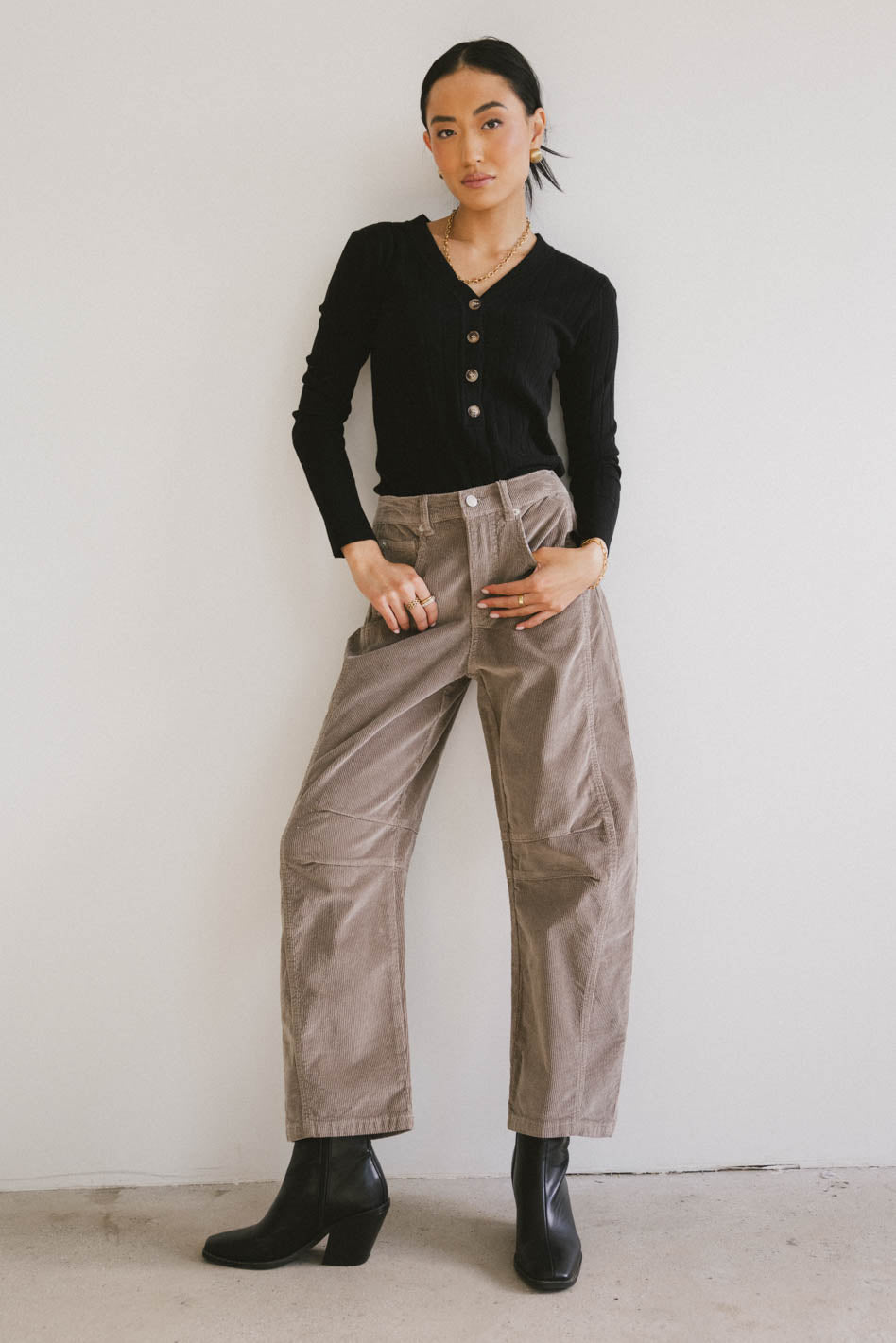 Lisette Women's Taupe Corduroy Barrel Jeans - High Waist Straight Leg Pants for Casual Wear & Office Outfits | Final Sale