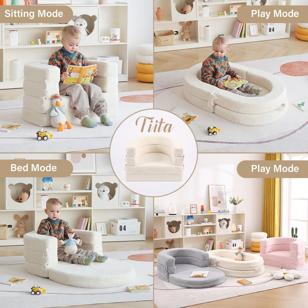 Tiita 3-in-1 Convertible Kids Sofa Bed - Plush Toddler Chair & Travel Bed with Washable Cover & Carrying Handle - Perfect for Nursery, Playroom & Travel - Gift for Boys & Girls (Ages 2-6)