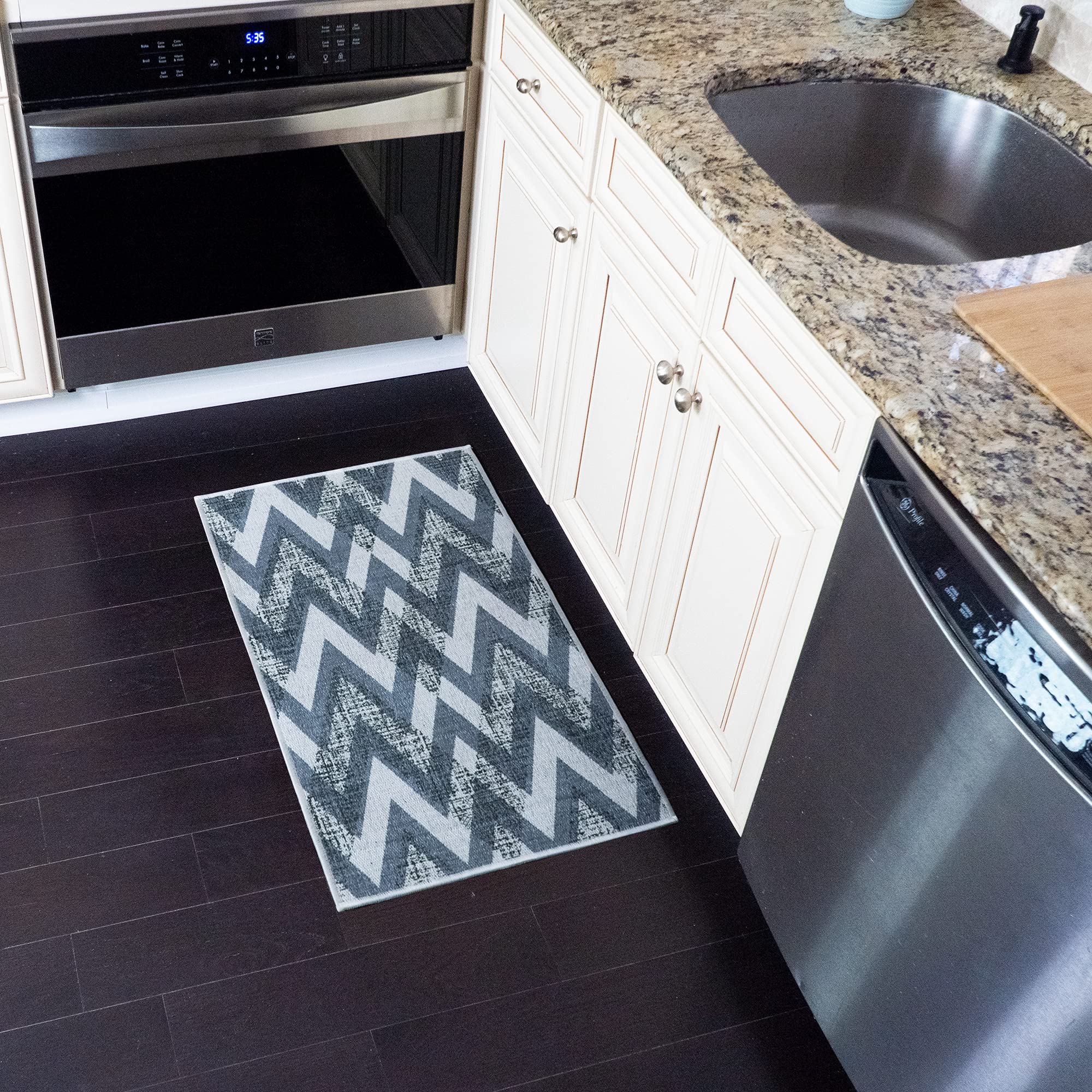 Non-Slip Washable Area Rug - Ultra Thin Laundry Room, Bathroom, Kitchen & Entryway Floor Mat (20x31.5 Inch, Chevron Gray) | Perfect for High Traffic Areas & Pet-Friendly Homes