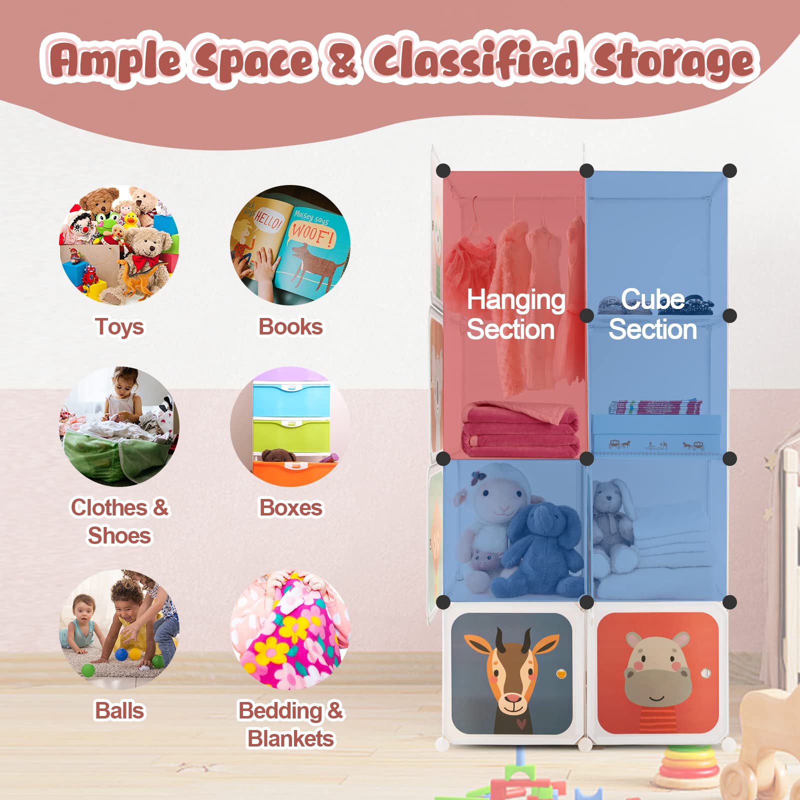 Costzon Kids Closet Organizer - 8-Cube DIY Modular Dresser with Clothes Hanging Rack, Portable Wardrobe for Toddlers & Children, White Nursery Storage Solution for Bedroom & Playroom Organization