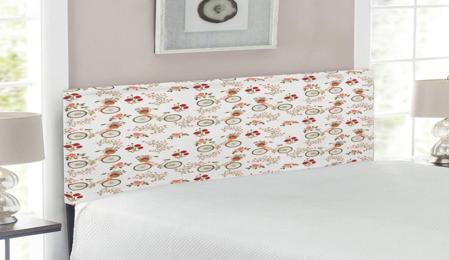 Ambesonne Floral Upholstered Headboard - Vintage Romance Design with Bikes, Baskets, Poppy Flowers & Love Birds, Queen Size Metal Bed Frame with Memory Foam - Perfect for Spring Bedroom Decor & Cozy Master Bedroom Makeover