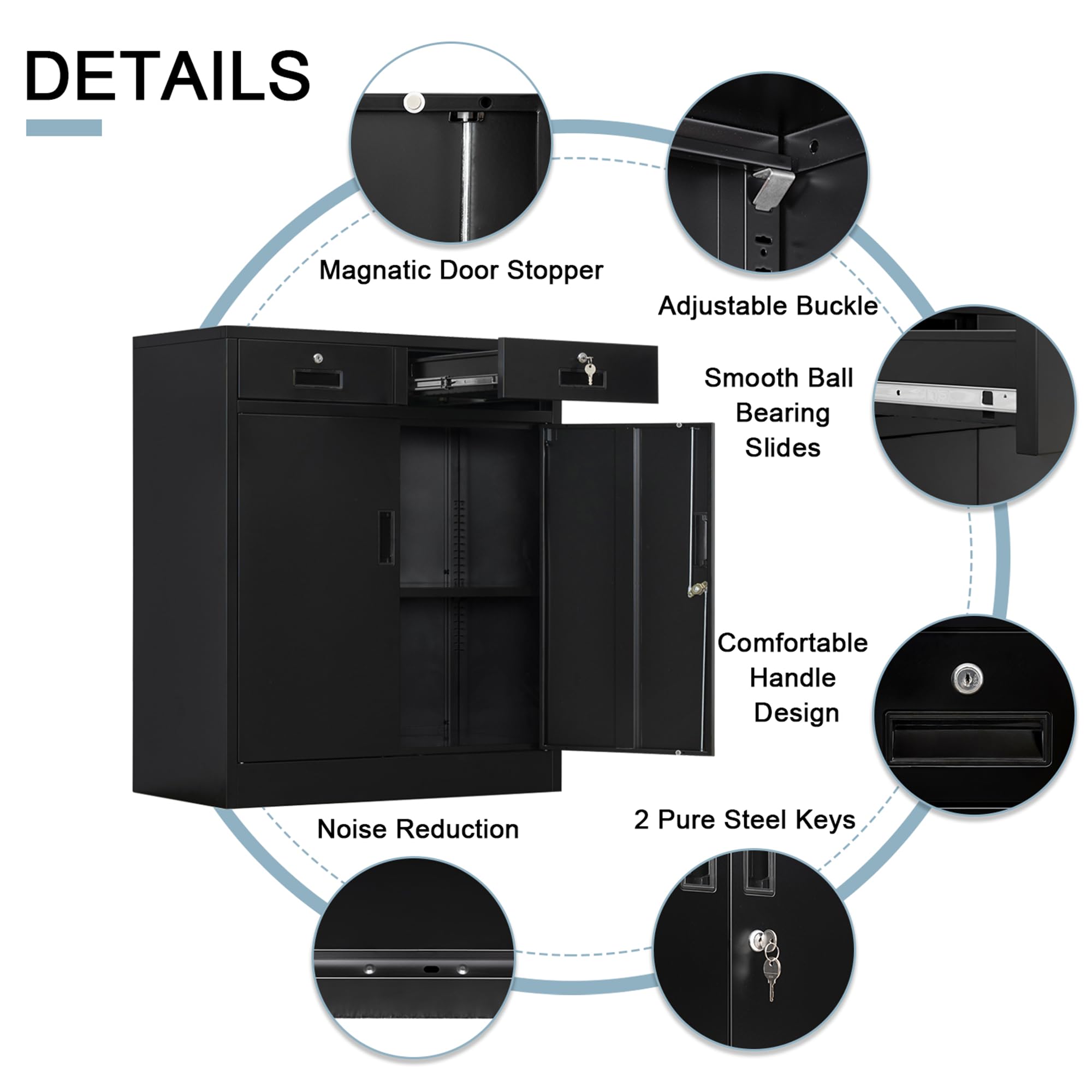 Lockable 2-Drawer Steel Storage Cabinet with Doors & Shelves - 37