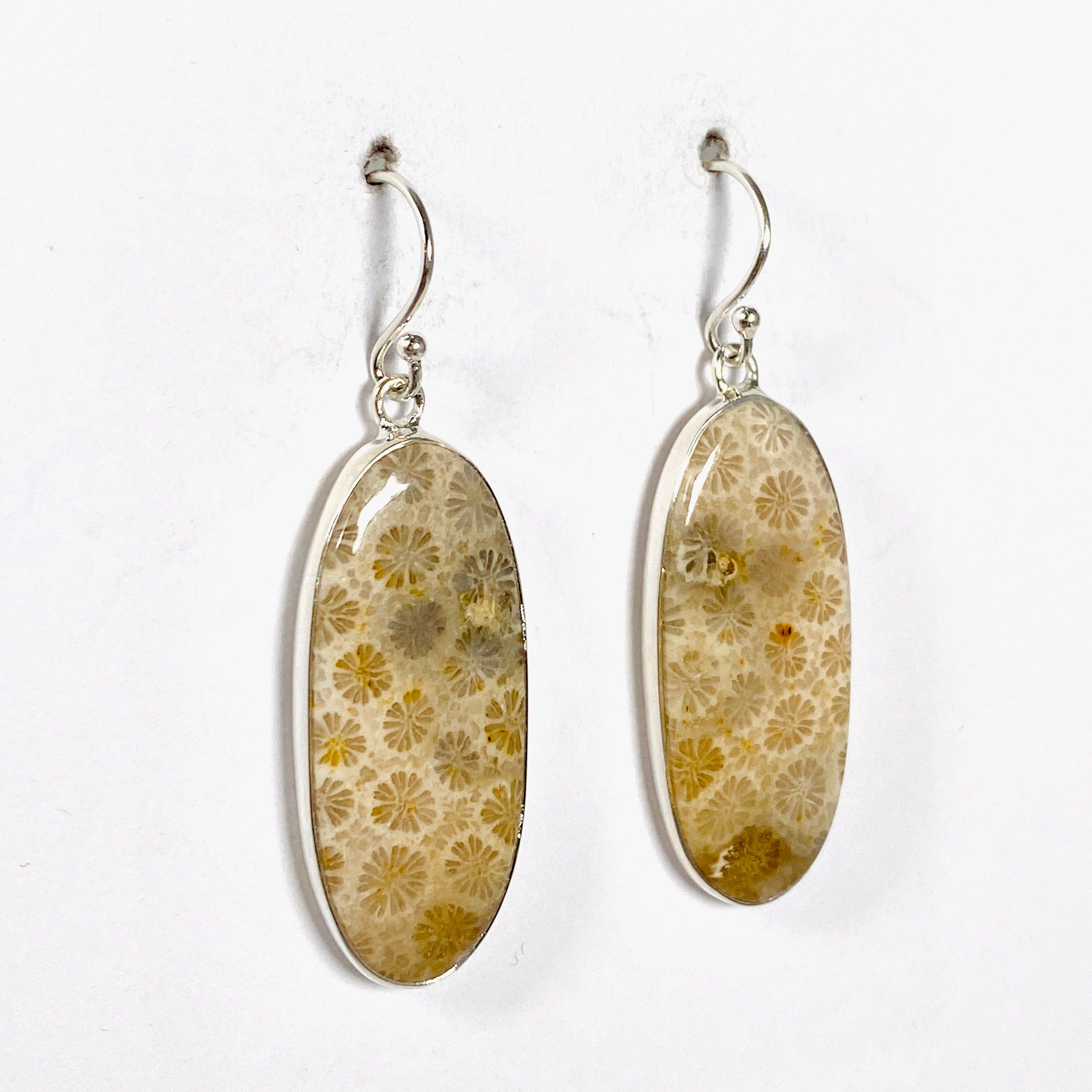 Fossil Coral Oval Earrings for Women - Natural Stone Dangle Jewelry KEGJ1379 - Perfect for Beach Weddings, Boho Outfits & Gift Giving