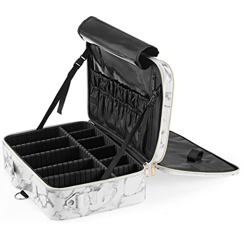Luxspire Multilayer Travel Makeup Case - Large Portable Cosmetic Organizer with Shoulder Strap & Mirror, White Marble Design | Perfect for Professional Makeup Artists, Travel & Daily Beauty Storage