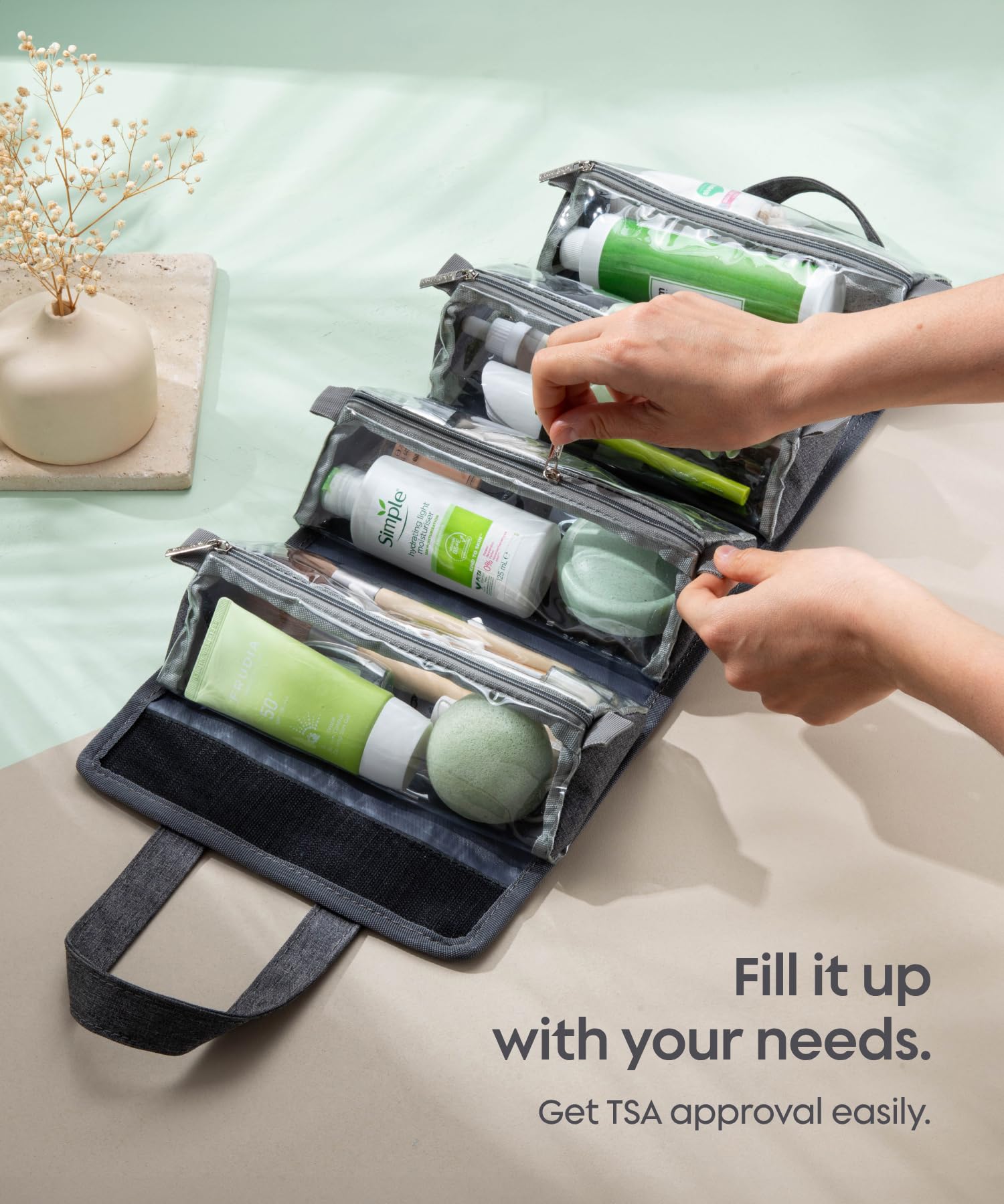 Compact Hanging Toiletry Bag for Women Travel - 4 Removable Compartments - Perfect for Makeup & Medicine - TSA Approved