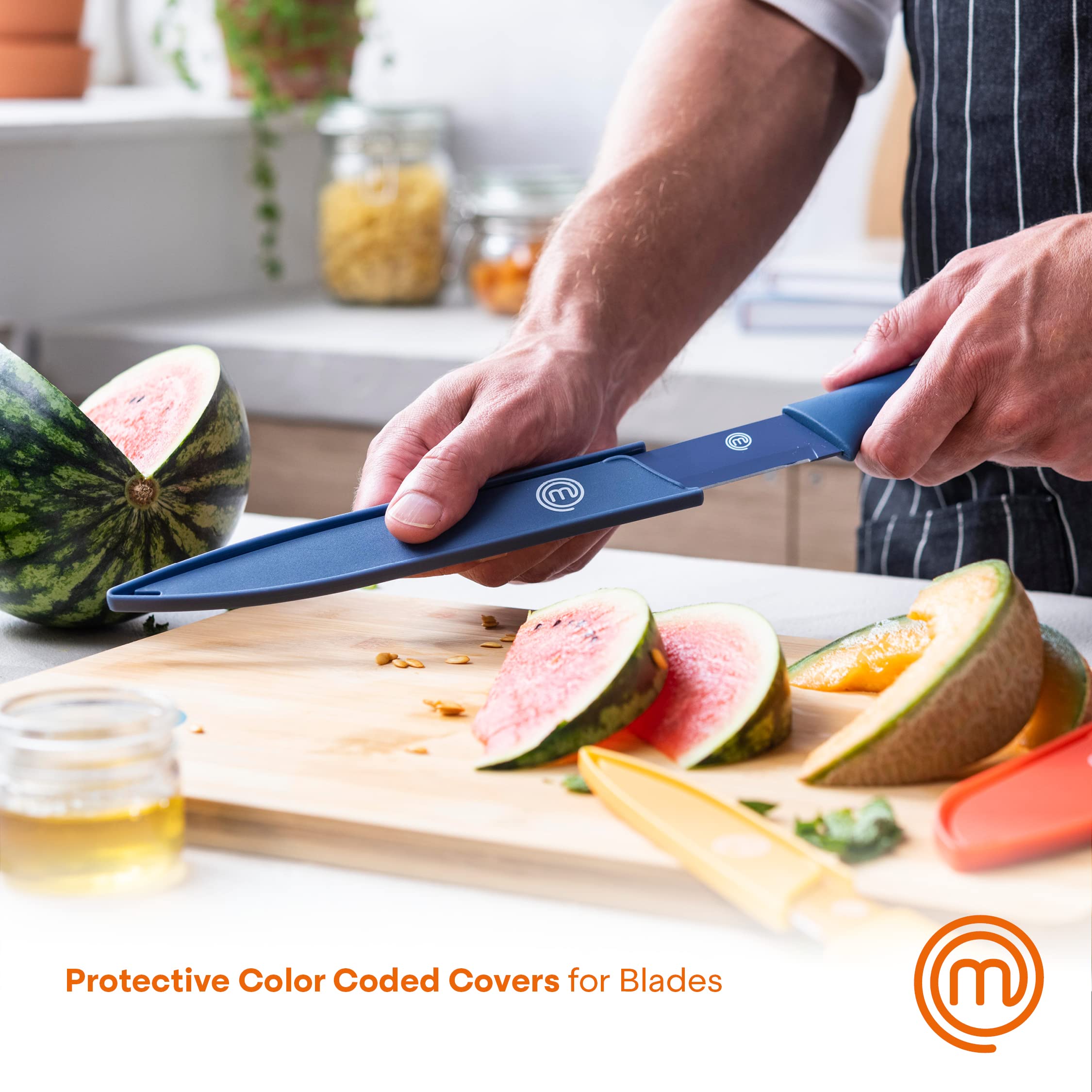 MasterChef 12-Piece Premium Kitchen Knife Set with Protective Covers - Includes Paring, Boning, Carving, Bread, Santoku & Chef Knives - Razor-Sharp Stainless Steel Blades with Sheaths (6 Colorful Knives + 6 Covers) - Perfect for Home Cooking, Professional Chefs & Culinary Enthusiasts