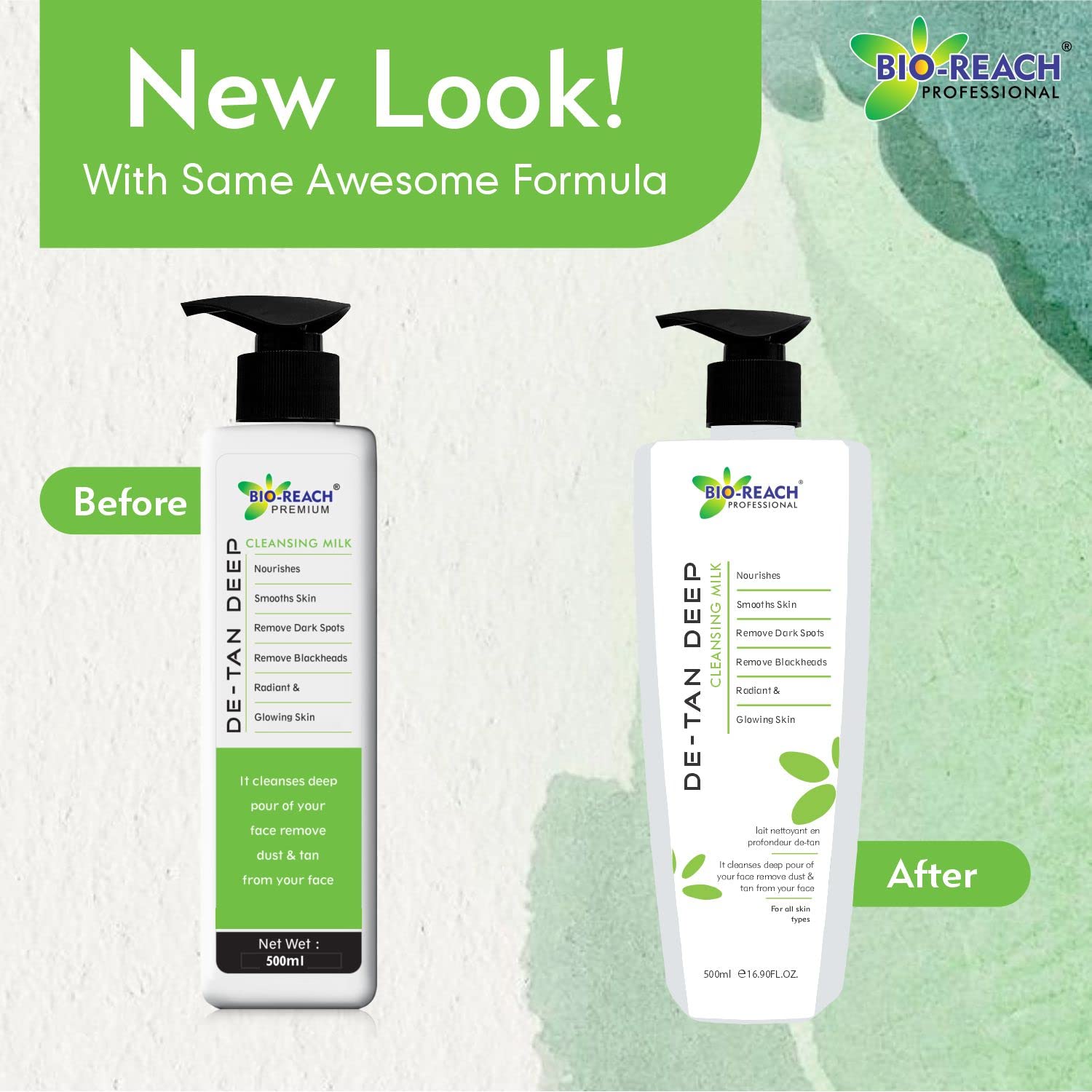 BIO-REACH DE-TAN Deep Cleansing Milk for Face - 2 Pack (500ml Each) - Brightening & Exfoliating Facial Cleanser for Dark Spots & Uneven Skin Tone - Perfect for Daily Skincare Routine & Post-Sun Care