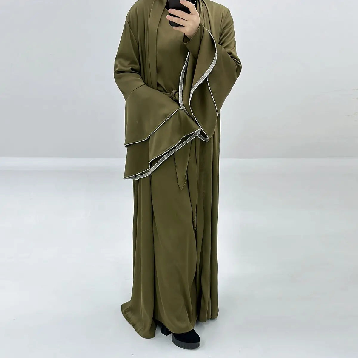 Elegant 3-Piece Satin Abaya Dress Set with Inner Dress & Midi Wrap - Perfect for Eid, Ramadan, and Special Occasions