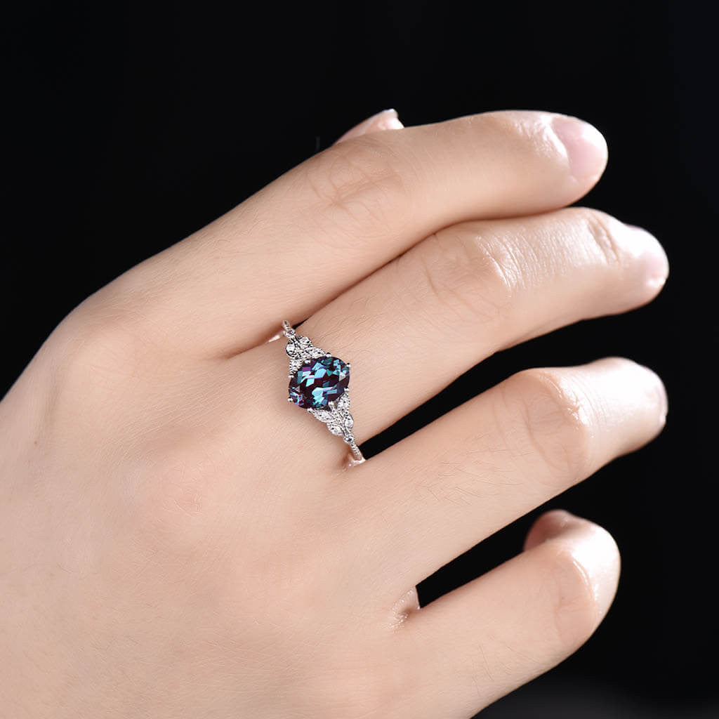 14K/18K Gold Oval Alexandrite Engagement Ring for Women - Nadia Marquise Micro Pave Wedding Band, Anniversary Gift, Proposal Jewelry (Perfect for Engagement, Wedding & Special Occasions)
