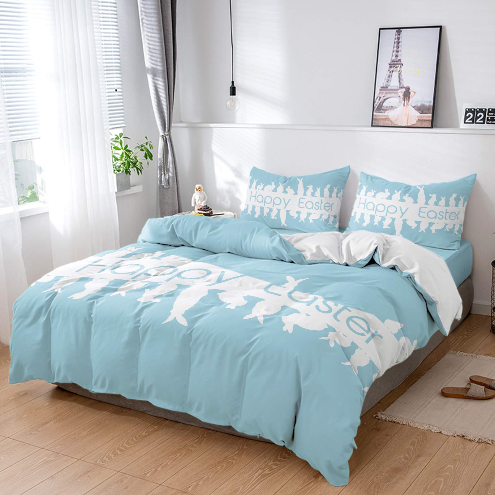 OneHoney 4-Piece Cal King Duvet Cover Set - Happy Easter White Bunny Silhouette Ultra Soft Washed Microfiber Comforter Cover with Pillowcases | Zipper Closure | Spring Blue Bedding Set for Easter Decor & Cozy Bedroom