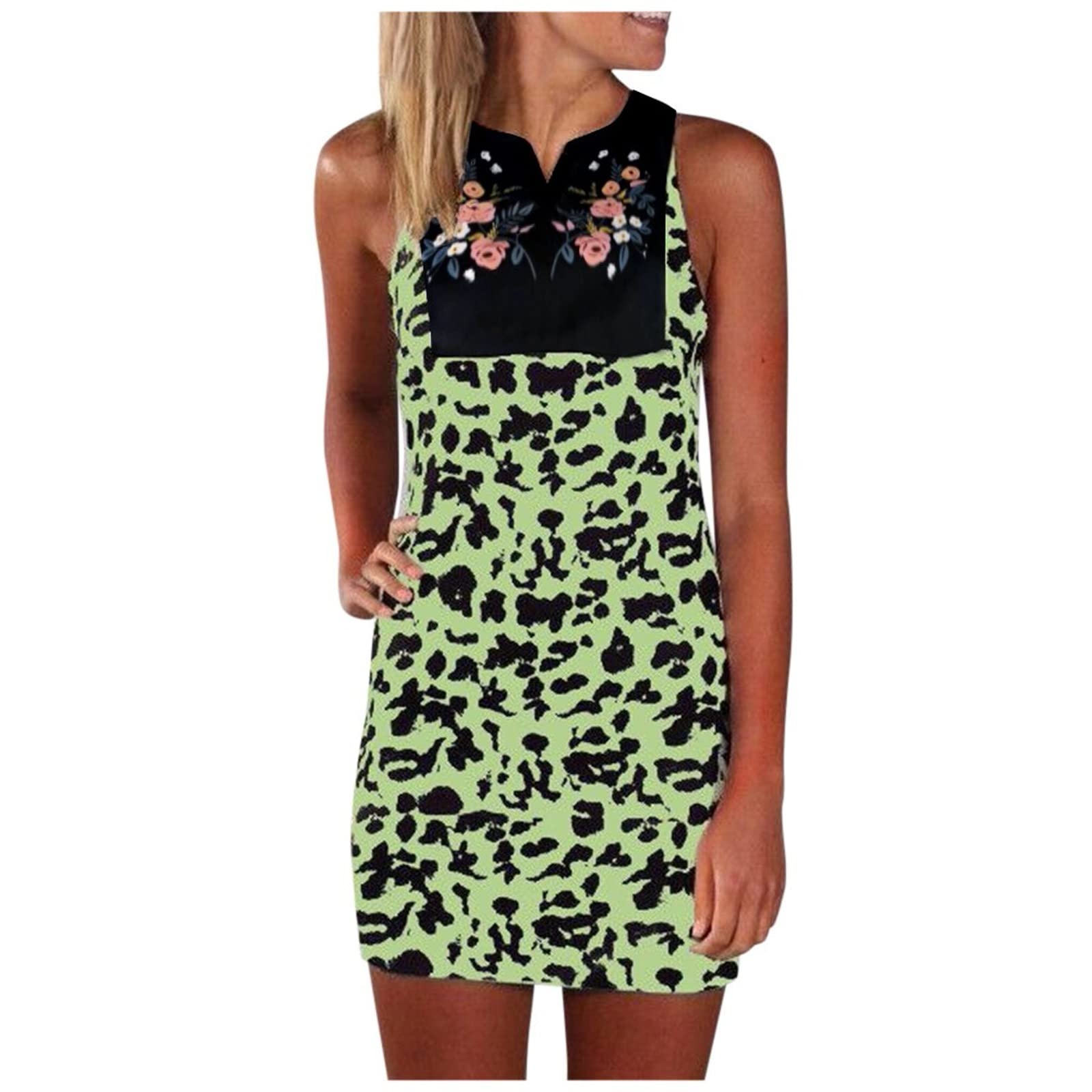 Women's Summer Leopard Print Mini Dress - V Neck Bohemian Sleeveless Flowy Loose Babydoll Dress, Casual Floral Tank Dress for Beach, Vacation & Date Night Outfits
