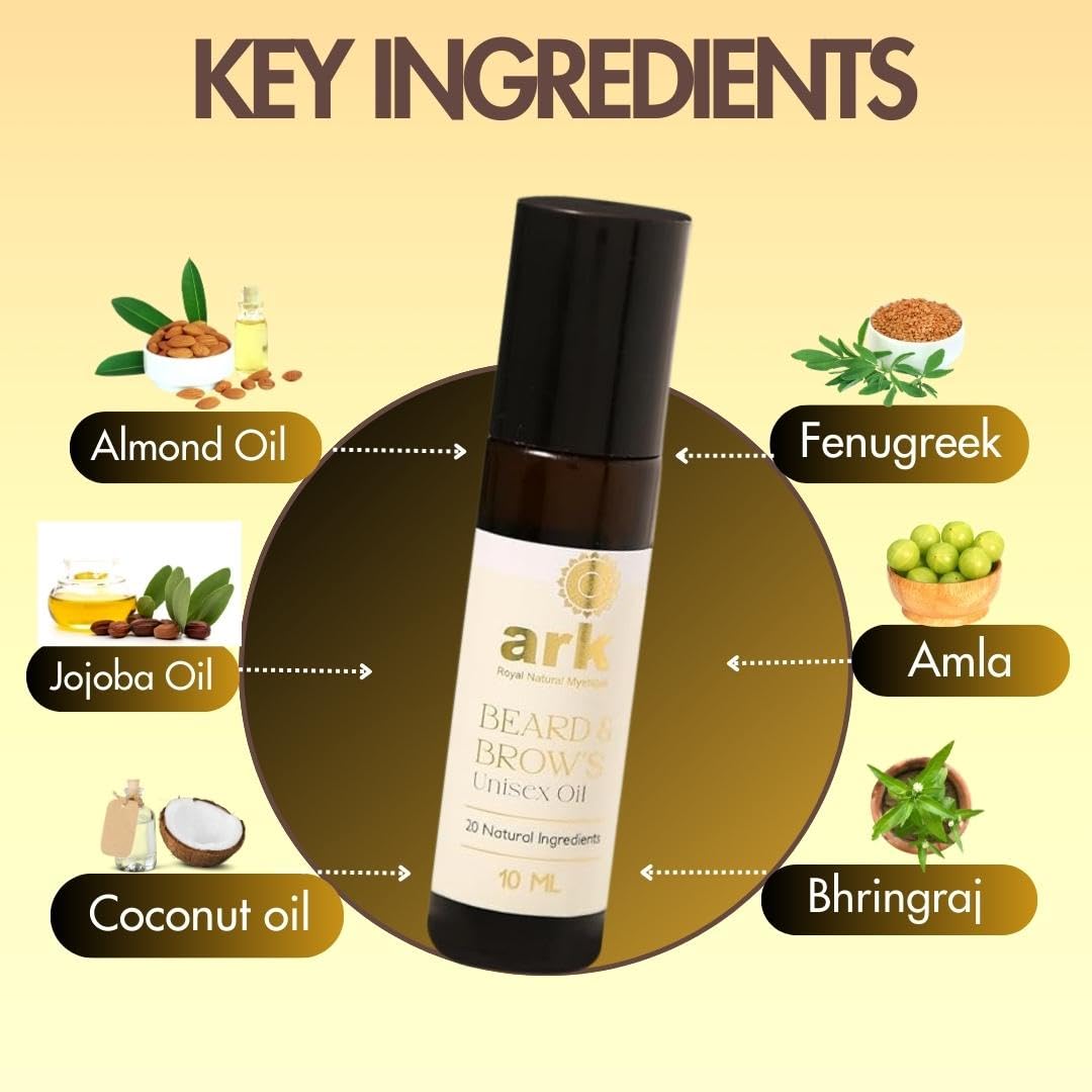 Natural Beard & Brow Growth Oil for Men & Women - Herbal Formula with Almond, Jojoba & Virgin Coconut Oil - Stimulates Fast Hair Growth for Patchy & Uneven Areas - 10ml - Perfect for Daily Grooming & Thicker Facial Hair Care