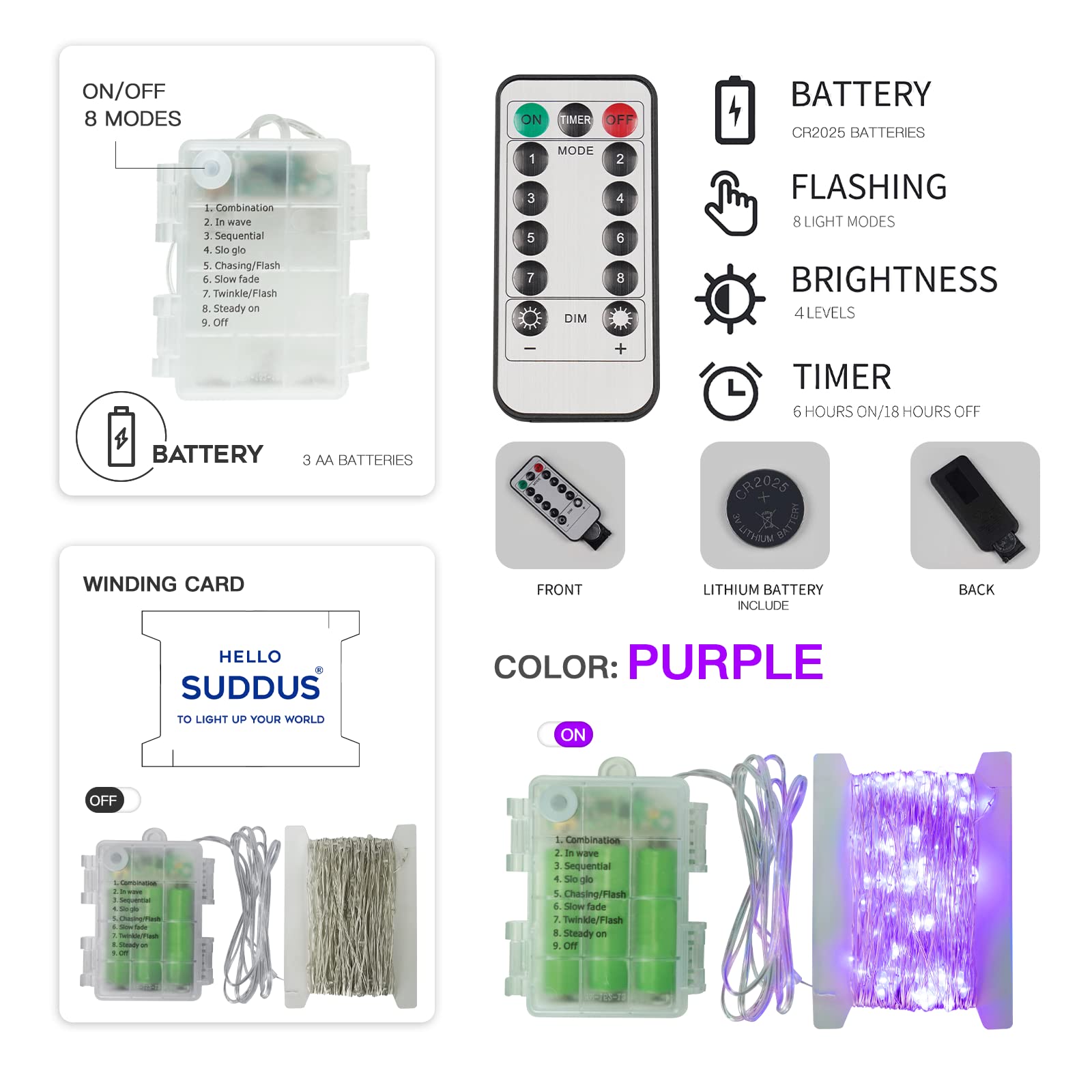 Suddus 66ft 200 LED Purple Christmas Lights Battery Operated - Waterproof Twinkle Fairy String Lights for Indoor Outdoor Decor, Christmas Tree, Garland, Bedroom, Backyard, Porch, Yard, Party, Wedding, Garden, Patio, Holiday Decorations