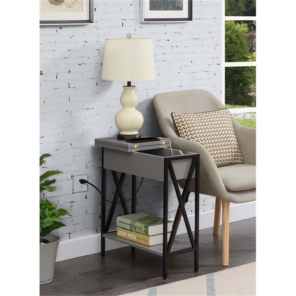Gray Modern End Table with USB Charging Station & Storage Shelf - Set of 2 Nightstands for Bedroom, Living Room or Office