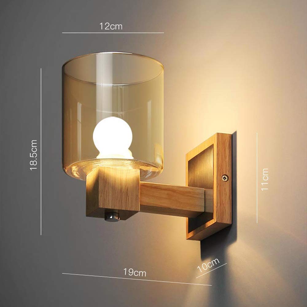 PEHUB Simple Glass Solid Wood Wall Lamp - Creative Rustic Bedside Lighting Fixture with E27 Socket for Living Room, Bedroom, Hallway - Perfect for Cozy Ambiance & Night Reading