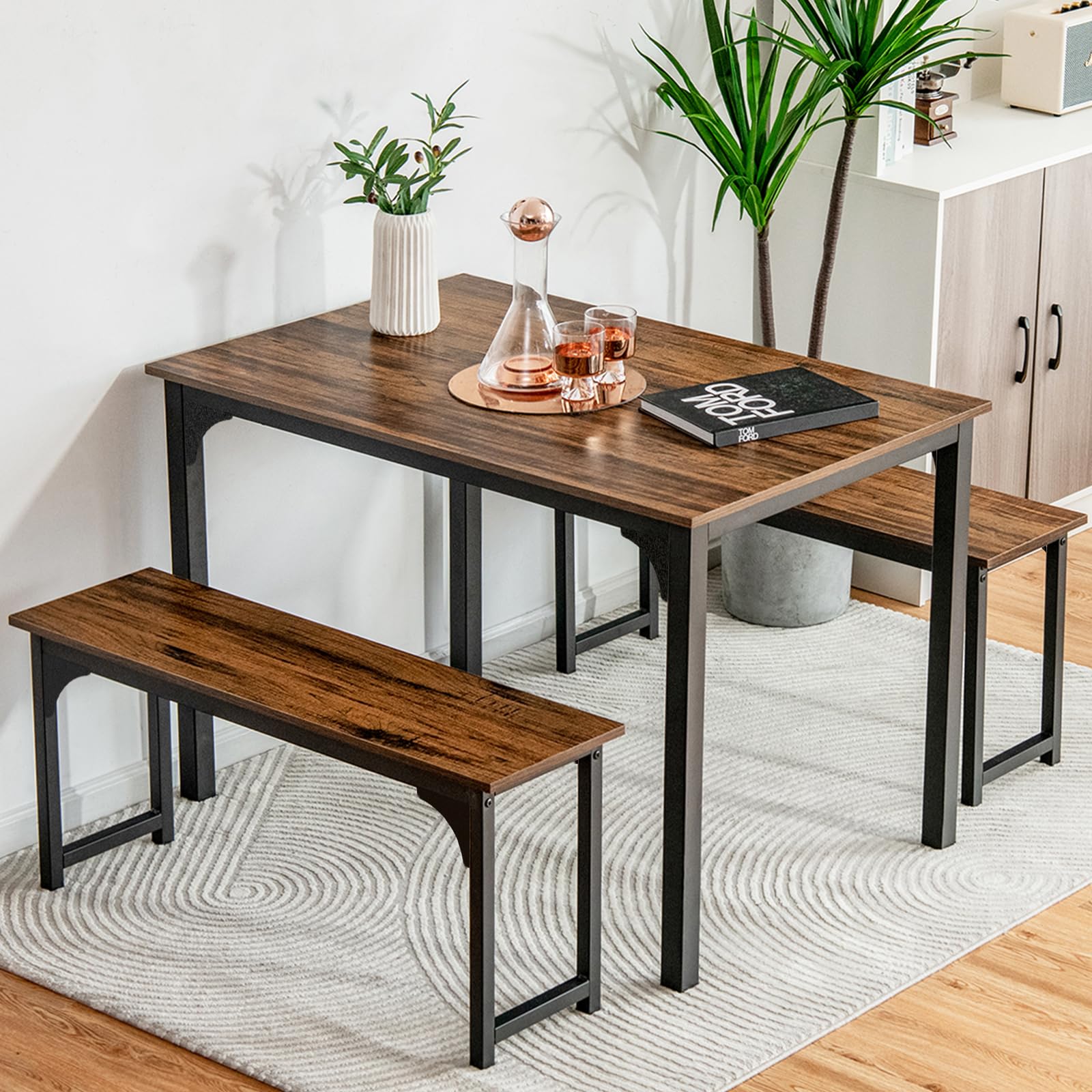 NAFORT 3-Piece Space Saving Dining Table Set for 4 with 2 Benches - 43.5 Inch Compact Kitchen Table with Sturdy Metal Frame & Solid MDF Wood Board - Perfect for Small Apartments, Breakfast Nooks, Restaurants & Outdoor Patio Use