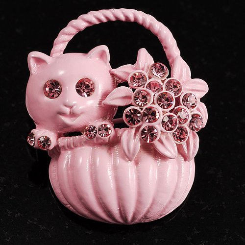 Pink Kitten In The Basket Crystal Brooch - Elegant Cat Jewelry Pin for Women, Gift for Cat Lovers - Perfect for Blazers, Scarves & Handbag Decoration